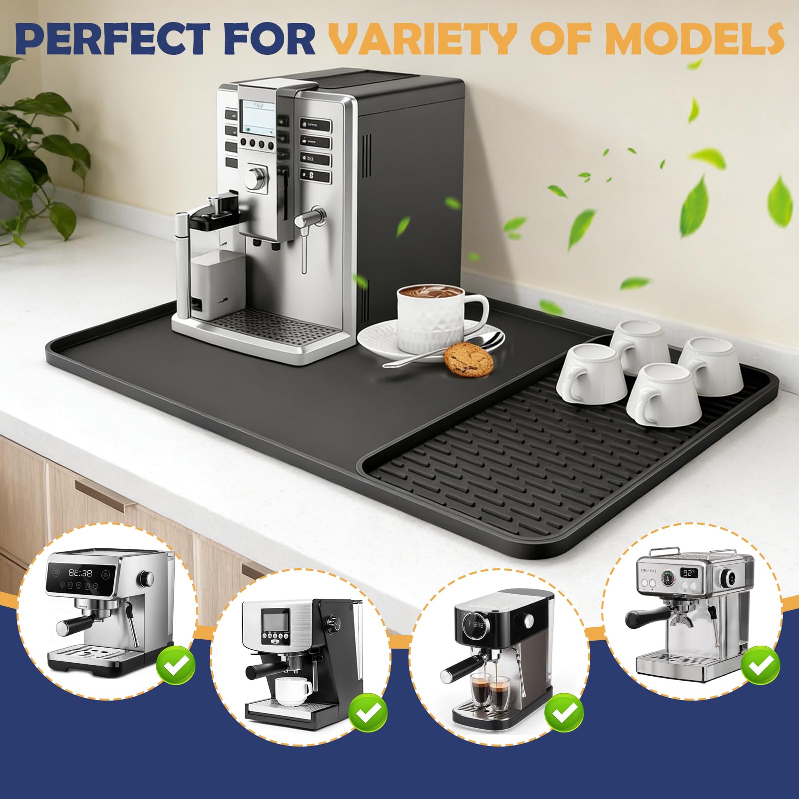 Raxfekro Tappetino in silicone per macchina da caffè 2 in 1, con tappetino antigoccia, 60 x 40 cm, resistente al calore, antiscivolo, per macchina da caffè e cucina, nero con bordo convesso e