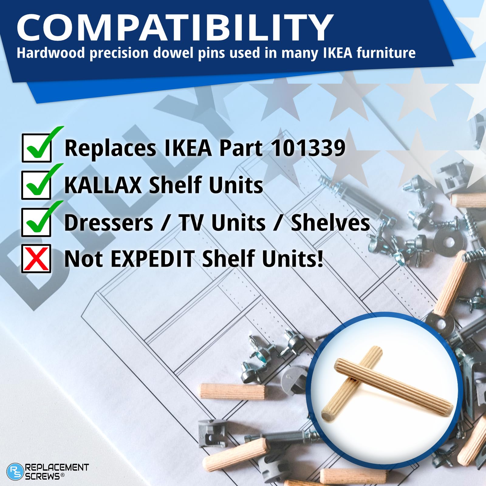 IKEA KALLAX Shelf Dowel Pins - Replacement -4 IKEA KALLAX Shelf Dowel Pins - Replacement -4