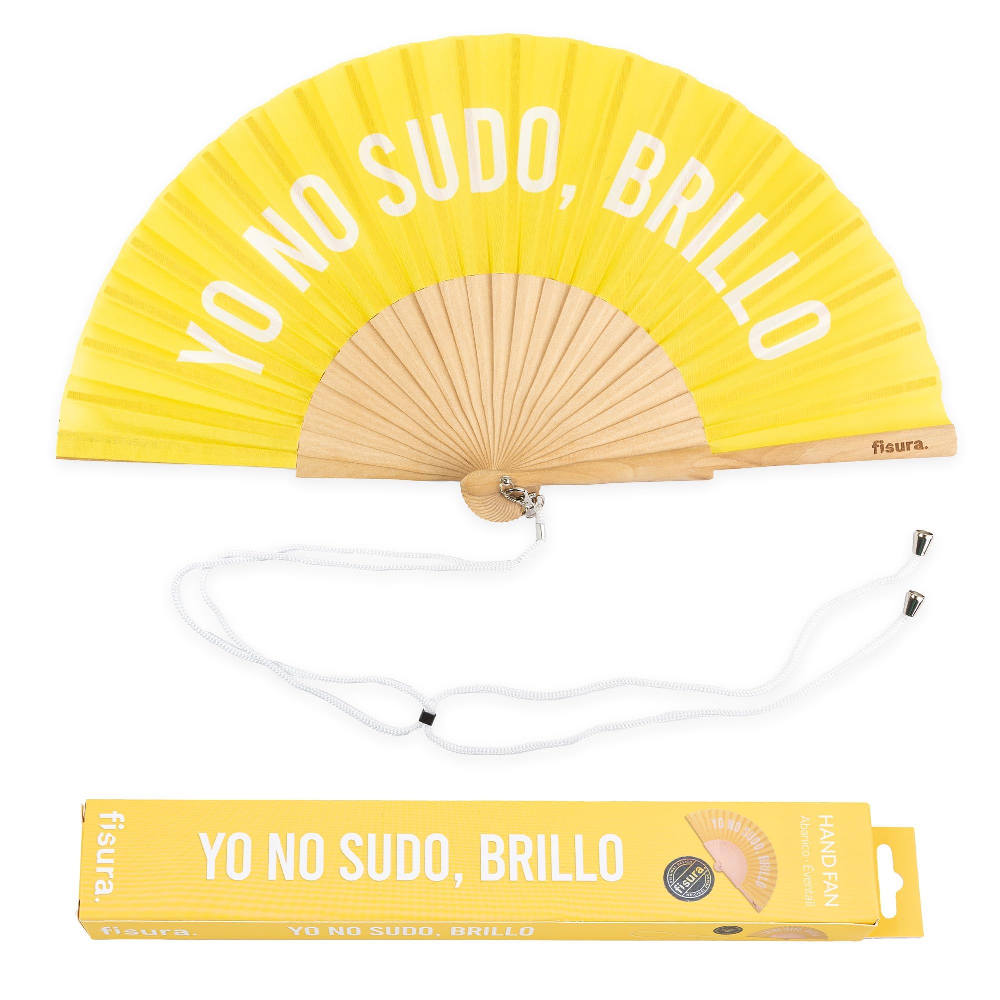 Fisura Brillo, Yellow - Original Handheld Folding Fan With The Message In Spanish. Wooden Fan. Original Holding Hand Fans. Fan With Hanger Included (Brillo, Yellow)