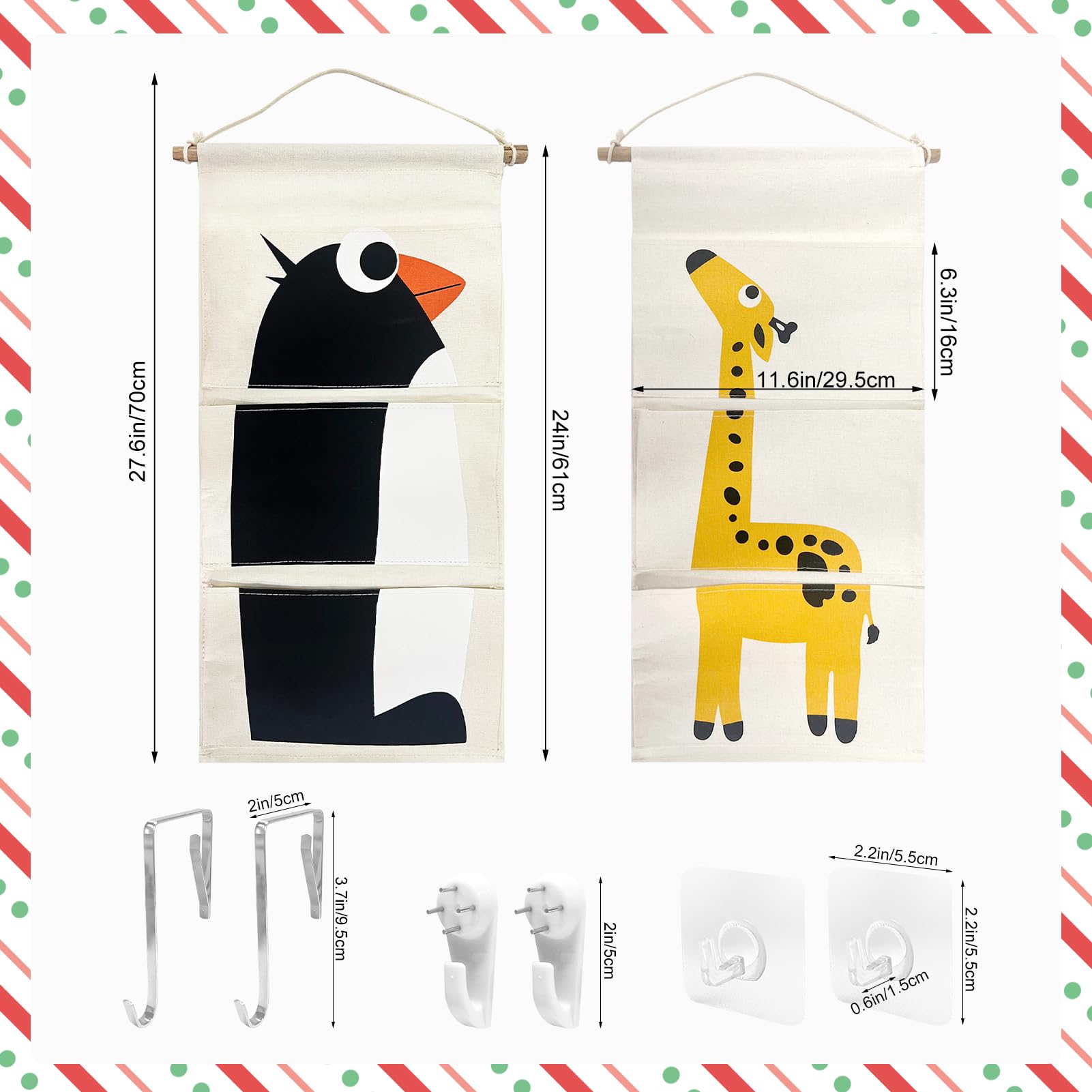 2Pcs Hanging Storage Bags, Wall Mount Closet Organizer with 6 Pockets, Linen Cotton Fabric Multifunctional Cartoon Animals Hanging Bag for Christmas Cabin Door Closet Cruise Travel Home Office