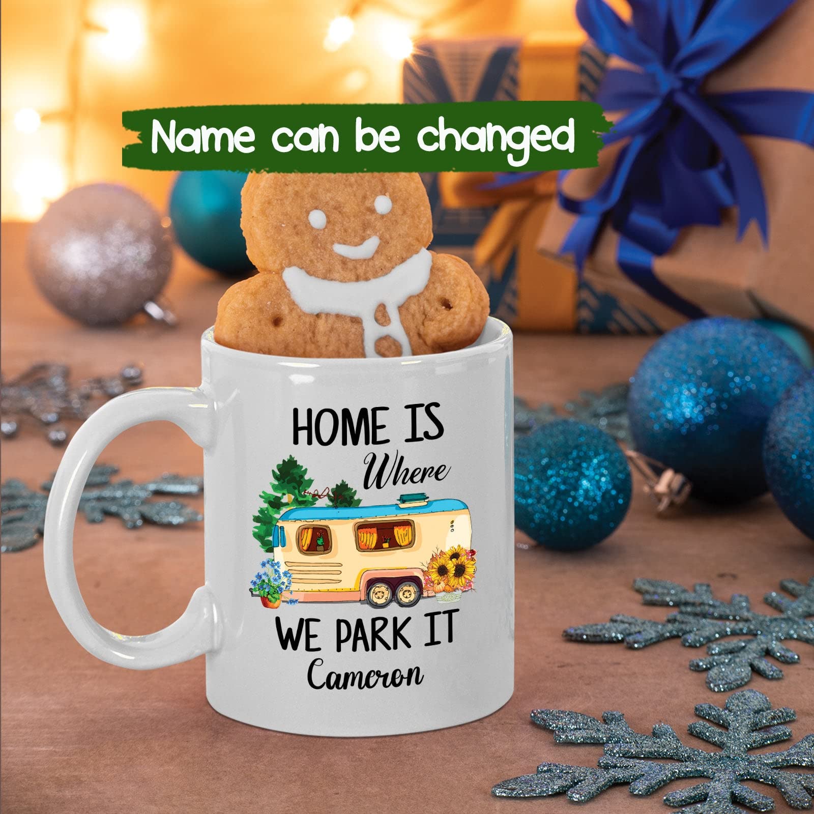 Home Is Where We Park It Coffee Cup - Floral Cabin Tea Cup -Custom Name Camping Ceramic Cup - Personalized Camper Mugs Present - Customized Adventure Coffee Mug - White Porcelain Cup 11oz or 15oz
