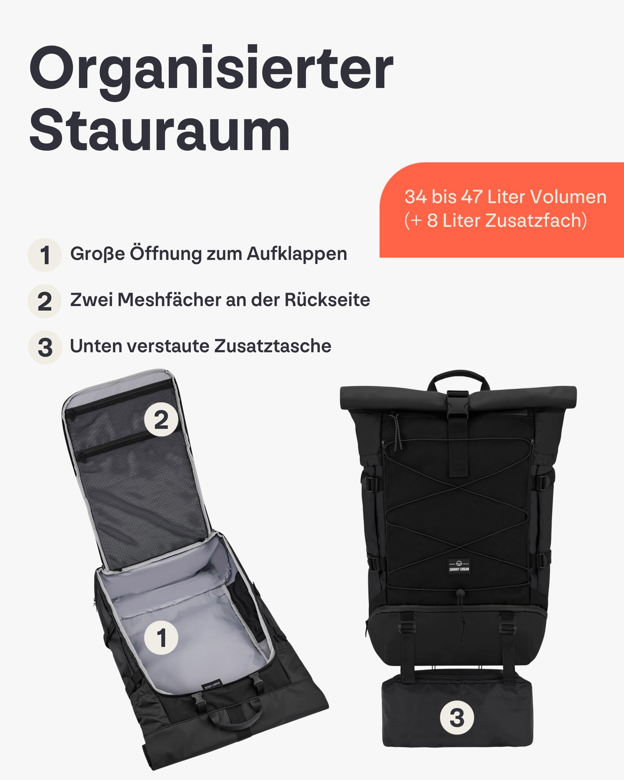 Johnny Urban Reiserucksack Damen & Herren Schwarz - Allen Travel XL - 48L Rolltop Rucksack Groß - Idealer Backpack für Reisen Ausflüge Trips - Wasserabweisend