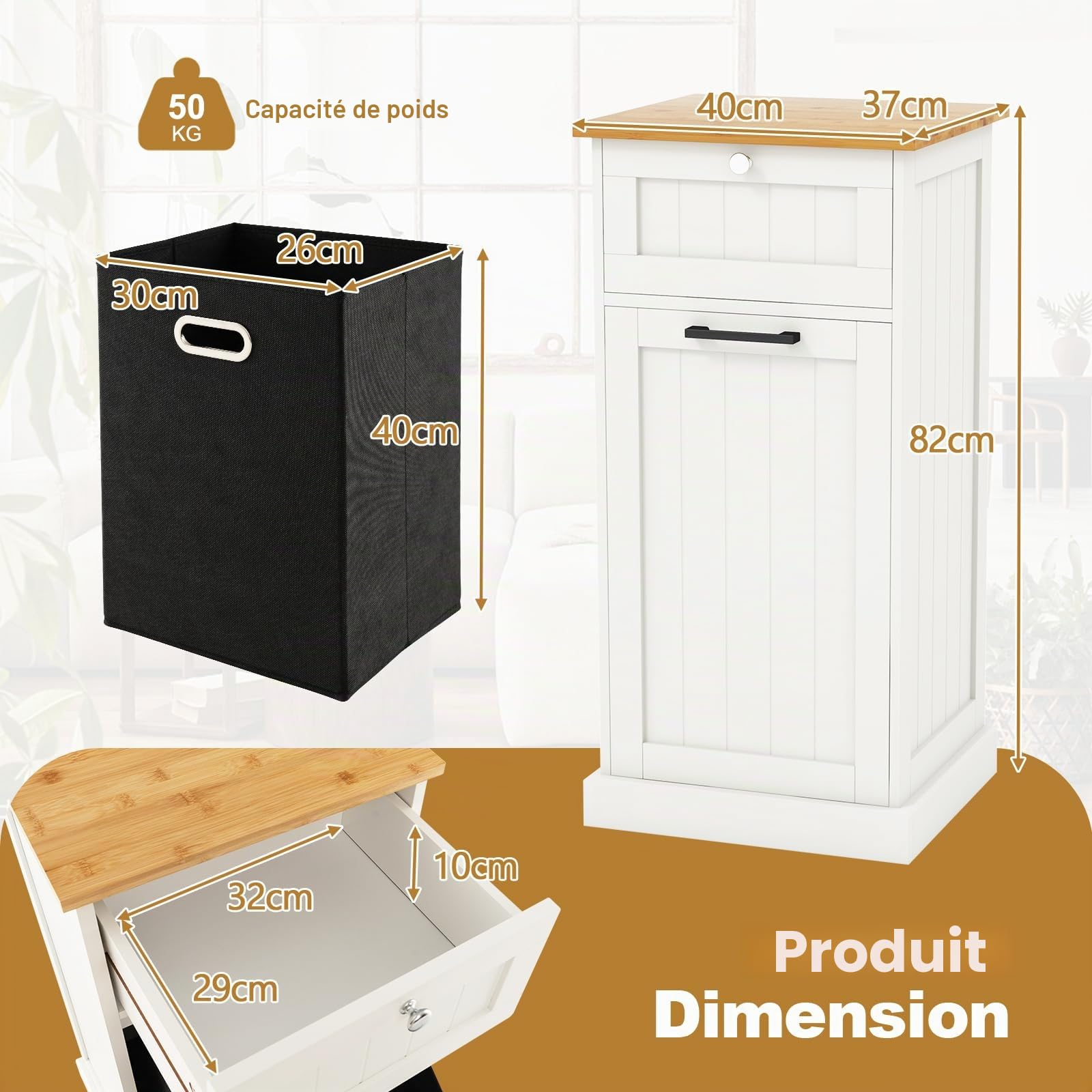 GIANTEX Meuble Salle de Bain avec Panier à Linge, Meuble Linge Salle avec Tiroir, Plateau en Bambou, Poignée, Sac à Linge Amovible 38 L, Armoire Toilette sur Pied Charge 50 KG, 40 X 37 X 82 CM (Blanc)