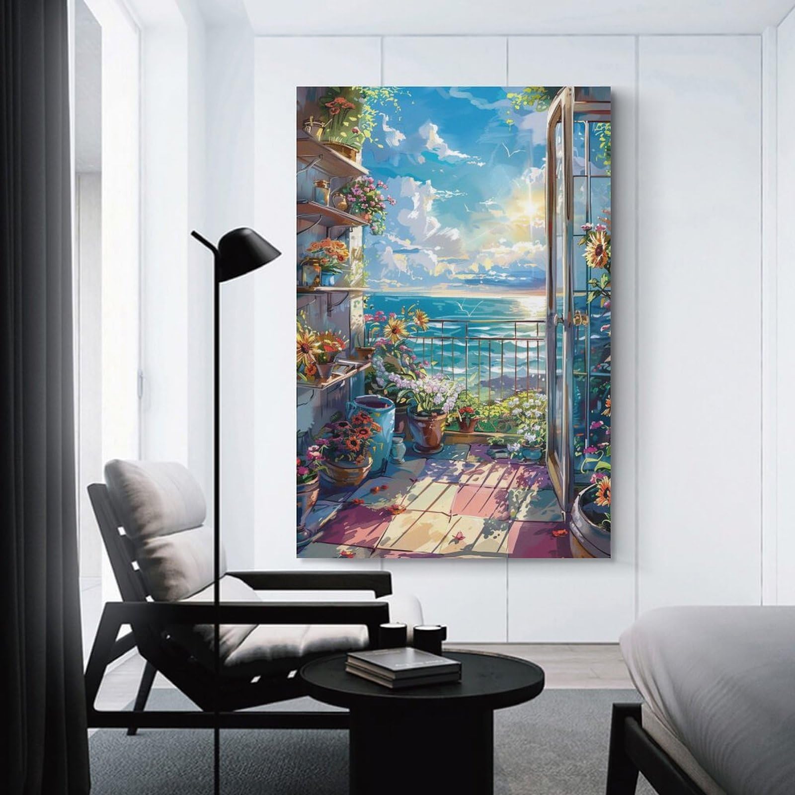 Amazon.co.jp: 絵画 部屋には花があり、ドアの外にはビーチの景色が 