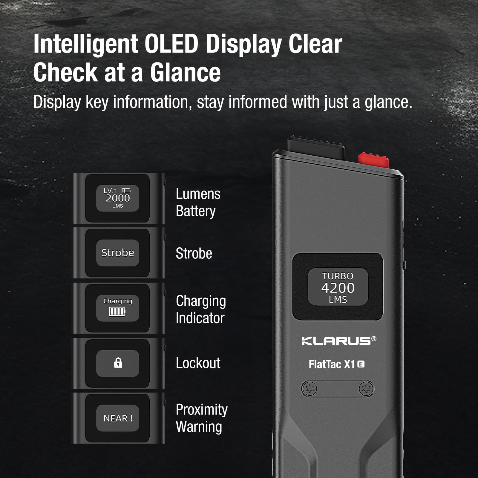 klarus FlatTac X1 Lampe de poche tactique ultra fine, 4200 lumens, lampe de poche puissante et compacte avec double interrupteur, écran OLED, étanche IPX6, parfaite pour l'extérieur, en service