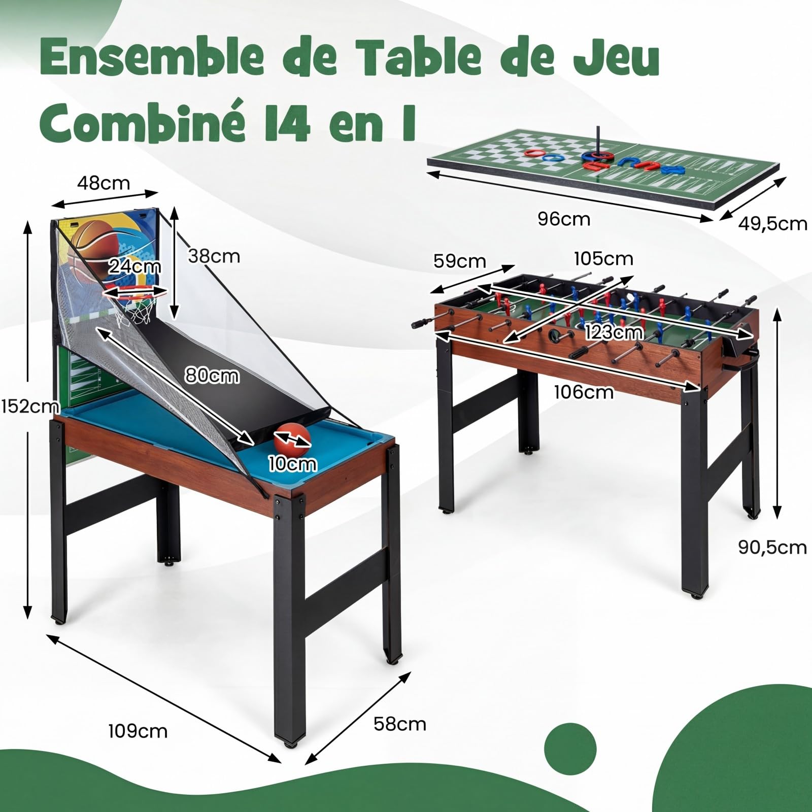 COSTWAY 14 en 1 Baby-Foot avec Billard & Hockey & Bowling & Basket-Ball, Table de Jeu avec Pieds Réglables & Plateau Convertible, Jouets pour Fête, Bar, Salle de Jeux, 109 x 58 x 152 cm