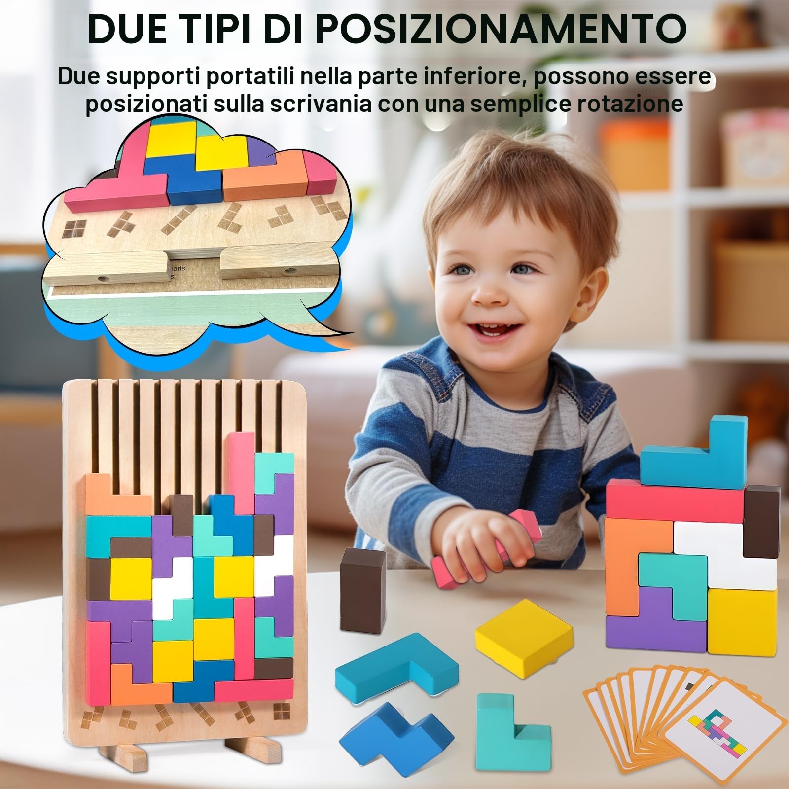 ZLPBAO Tetris Gioco per Bambini con 10 Carte e Borsa, Puzzle 3D di Legno Tetris Giochi montessori 3 anni, Intelligenza Jigsaw Rompicapo, Regali per Bambini di 3, 4, 5, 6 Anni