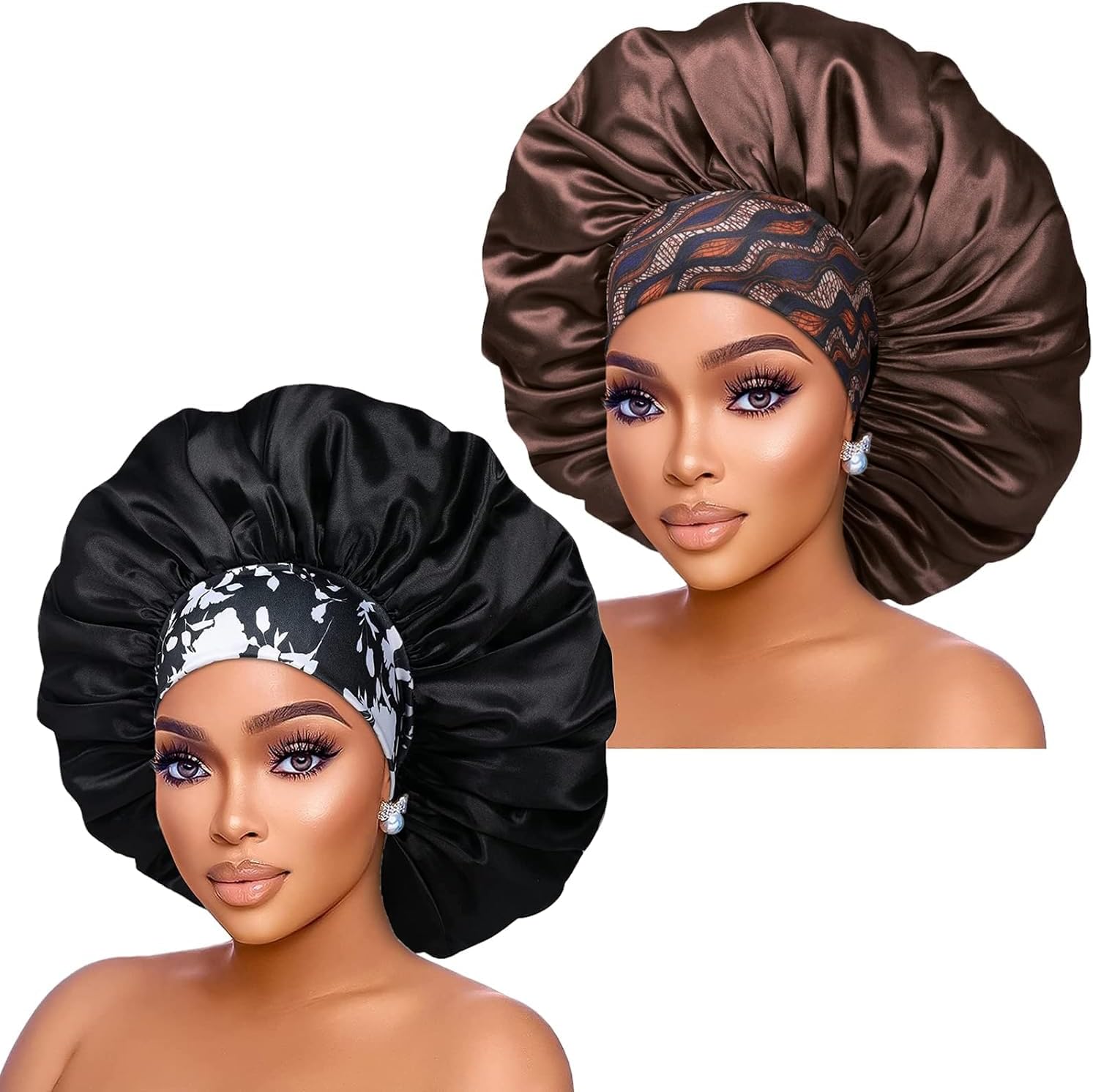 Silk Satin Bonnet Hair Cap: 2pcs 17inch Diameter Extra Large Jumbo Sleeping Satin Bonnets with Comfortable Flower Band - High Density Satin Bonnets for Women Braids Curly Night Cap（Black & Coffee）