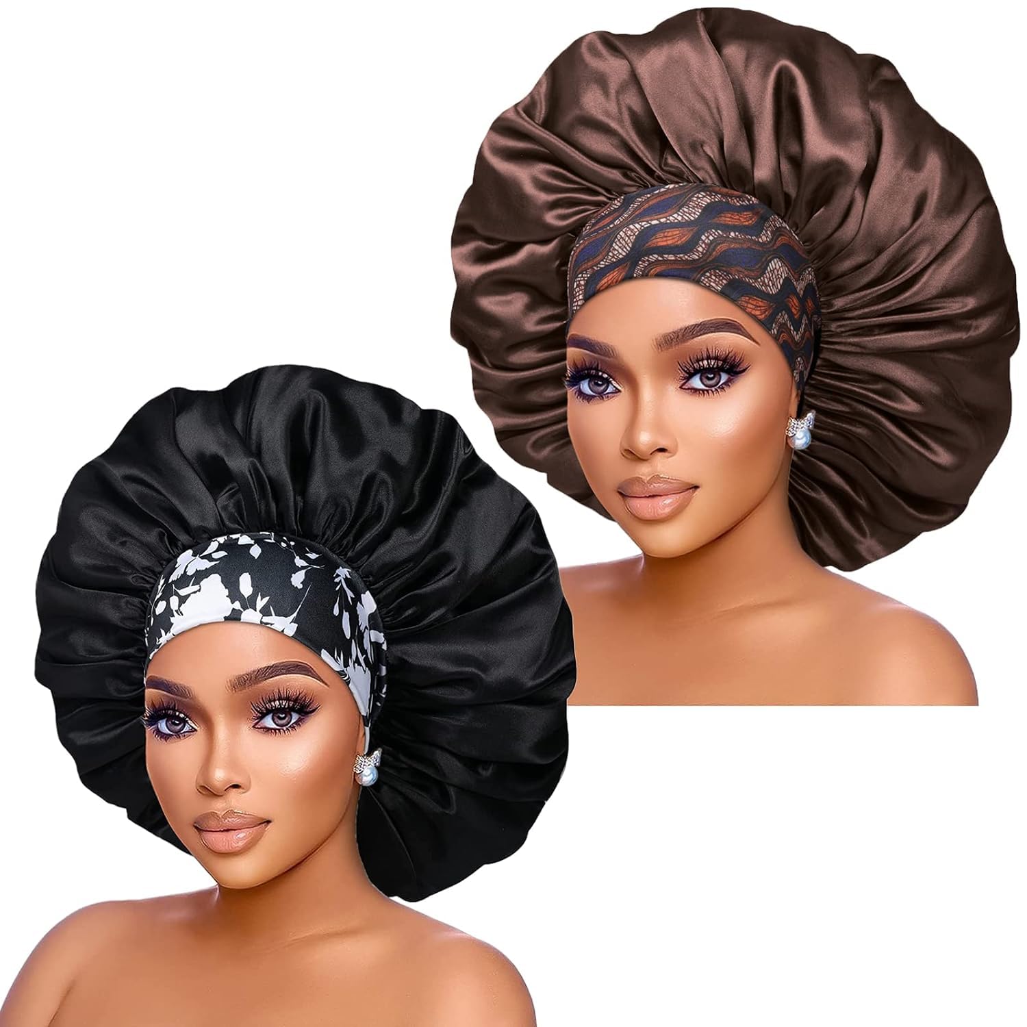 Isshin Beauty Silk Satin Bonnet Hair Cap: 2pcs 17inch Diameter Extra Large Jumbo Sleeping Satin Bonnets with Comfortable Flower Band - High Density Satin Bonnets for Women Braids Curly Night Cap（Black & Coffee）