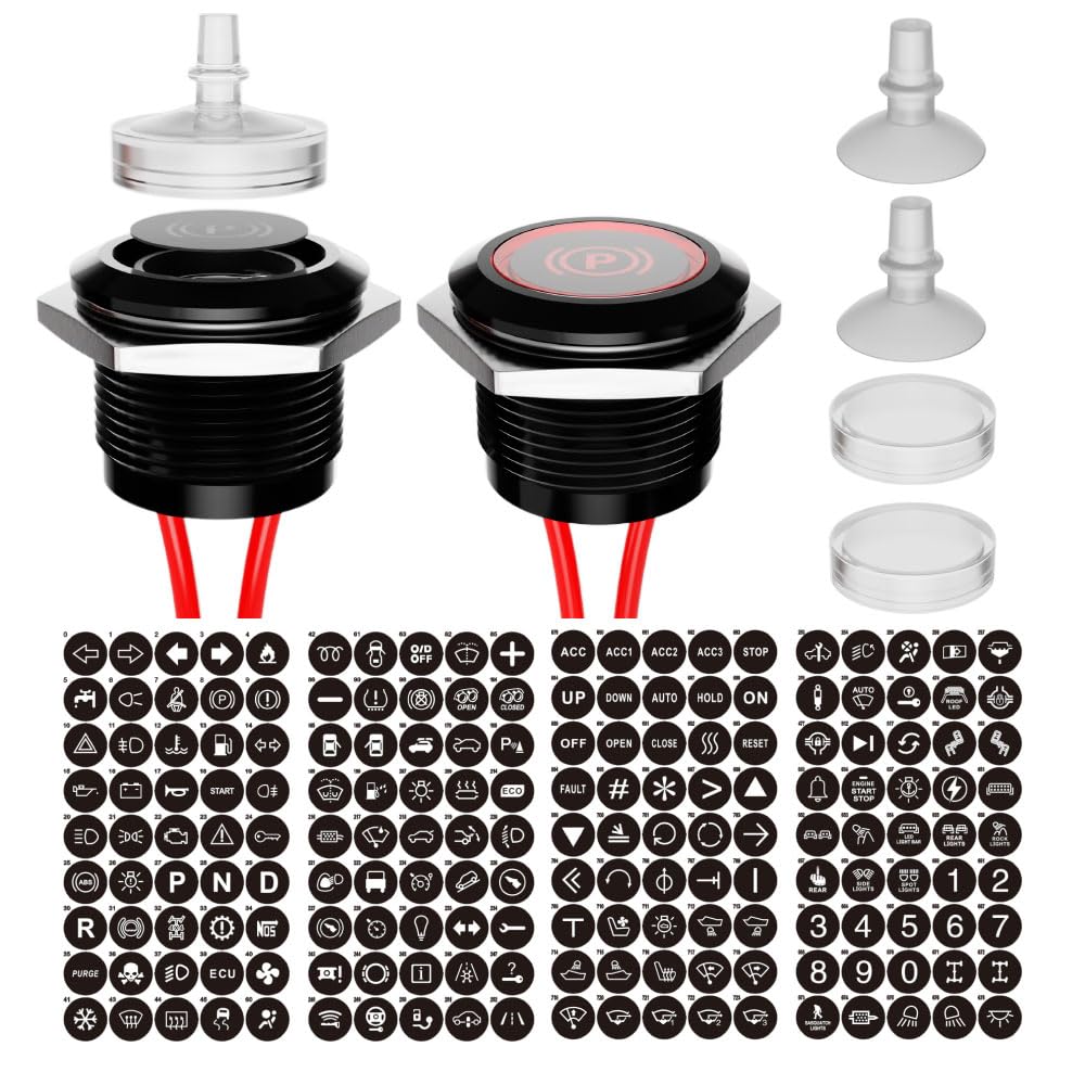 2Stück 19mm LED Kontrollleuchte Signallampe IP67 Metallgehäuse，185 wechselbare Symbole 12-24V DC，polaritätsunabhängig für Schaltschrank, Industrie, Marine, Wohnmobil（Rot）