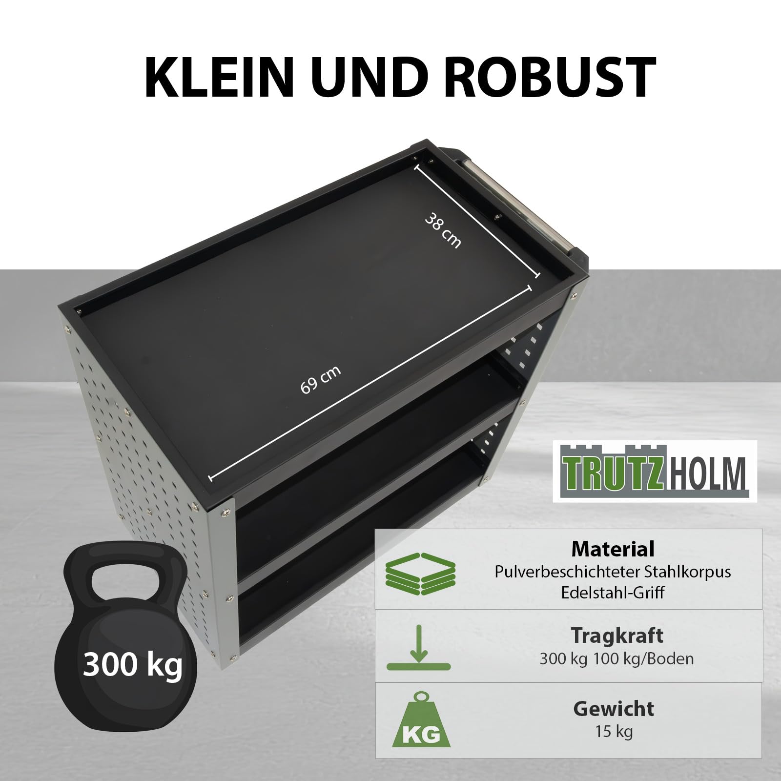 TRUTZHOLM Servicewagen 3 Fächer Werkstattwagen bis 300 kg Traglast 70x39x79 cm auf Rollen, Werkzeugwagen| Rollwagen | Multifunktionswagen | Etagenwagen