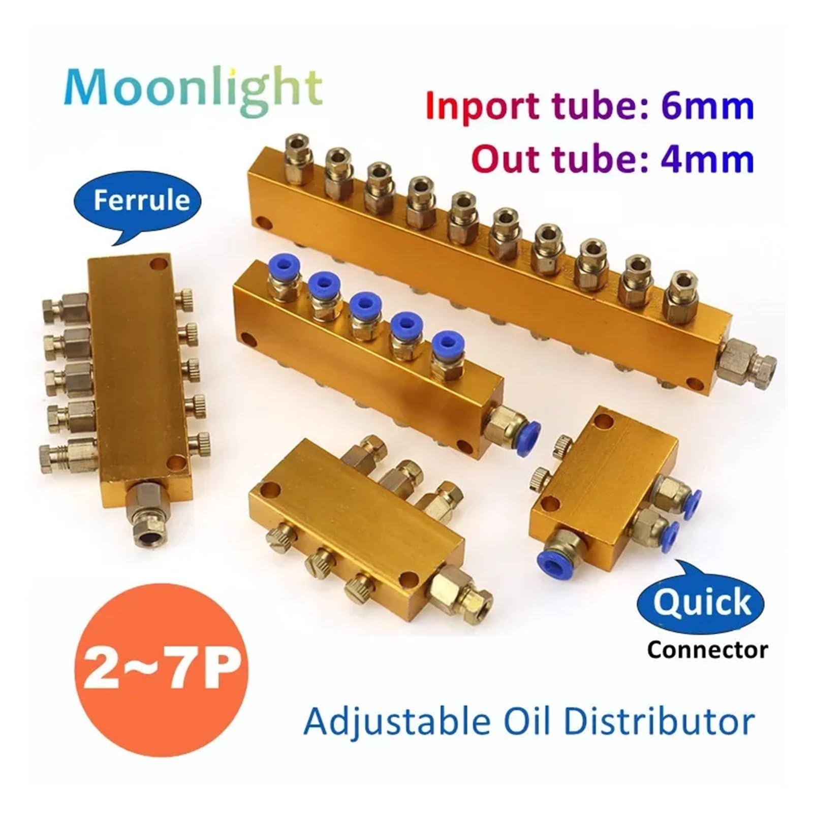 Dystrybutor oleju mosiężnego, zawór dystrybucji tł Mosiężny pneumatyczny rozdzielacz oleju Króciec do węża 2-7-drogowy Wlot 6 mm Wylot 4 mm(Tka-7)