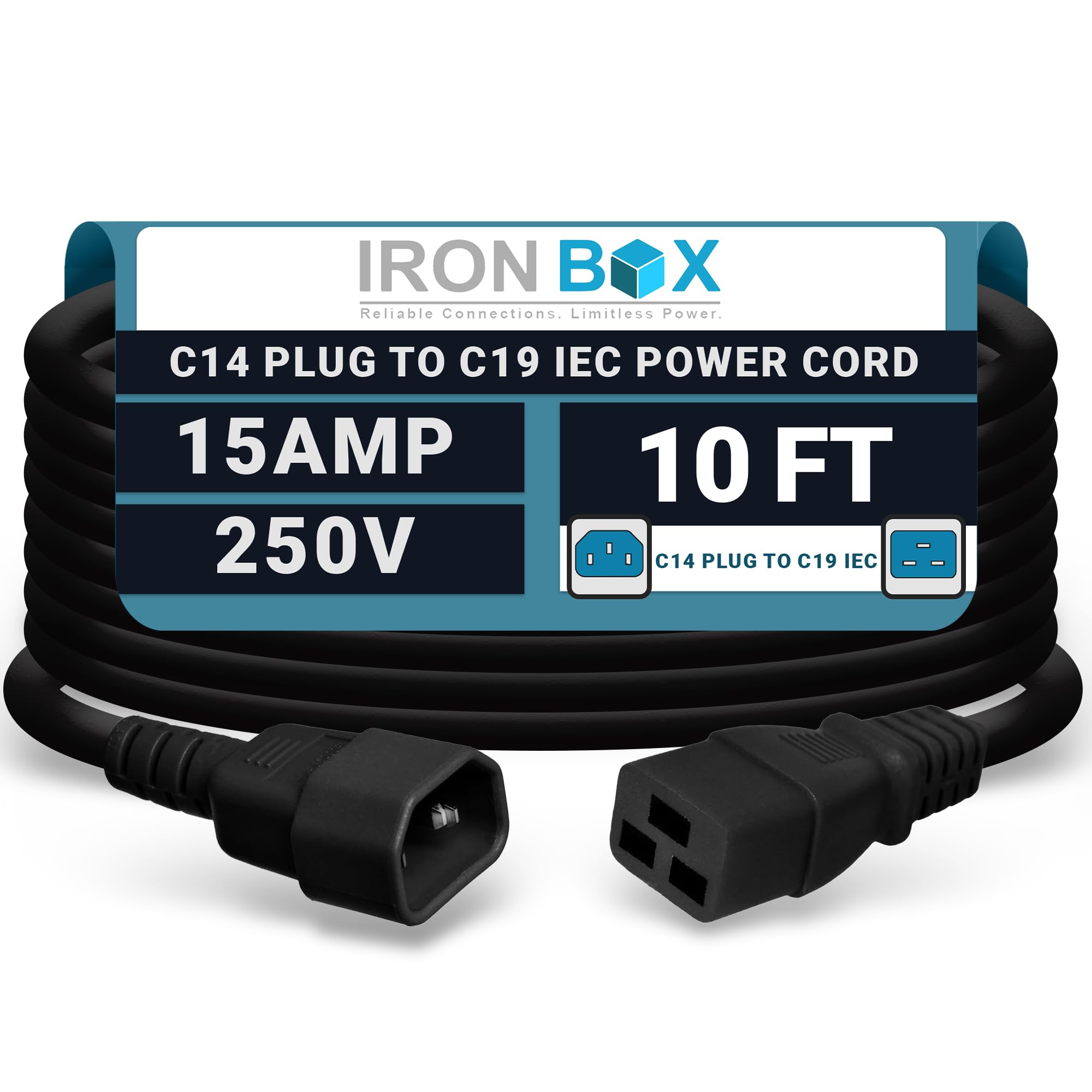 IronBox Electric - Heavy-Duty C14 to C19 Power Cord, 15A, 250V, 14/3 SJT - IEC60320 PC Cable for Computer Extensions, Monitor, PSU - C14 Male to C19 Female Connector Power Cable - (Black 10 Foot)
