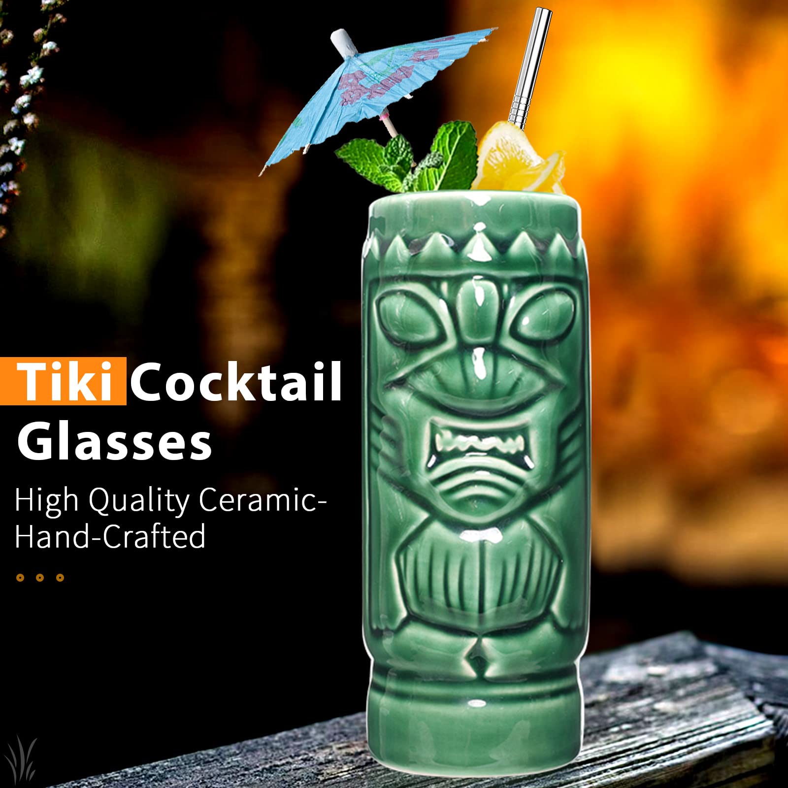 SuproBarware Tiki-Gläser Set – 4 Verschiedene Keramik-Cocktailgläser, Hawaii-Party