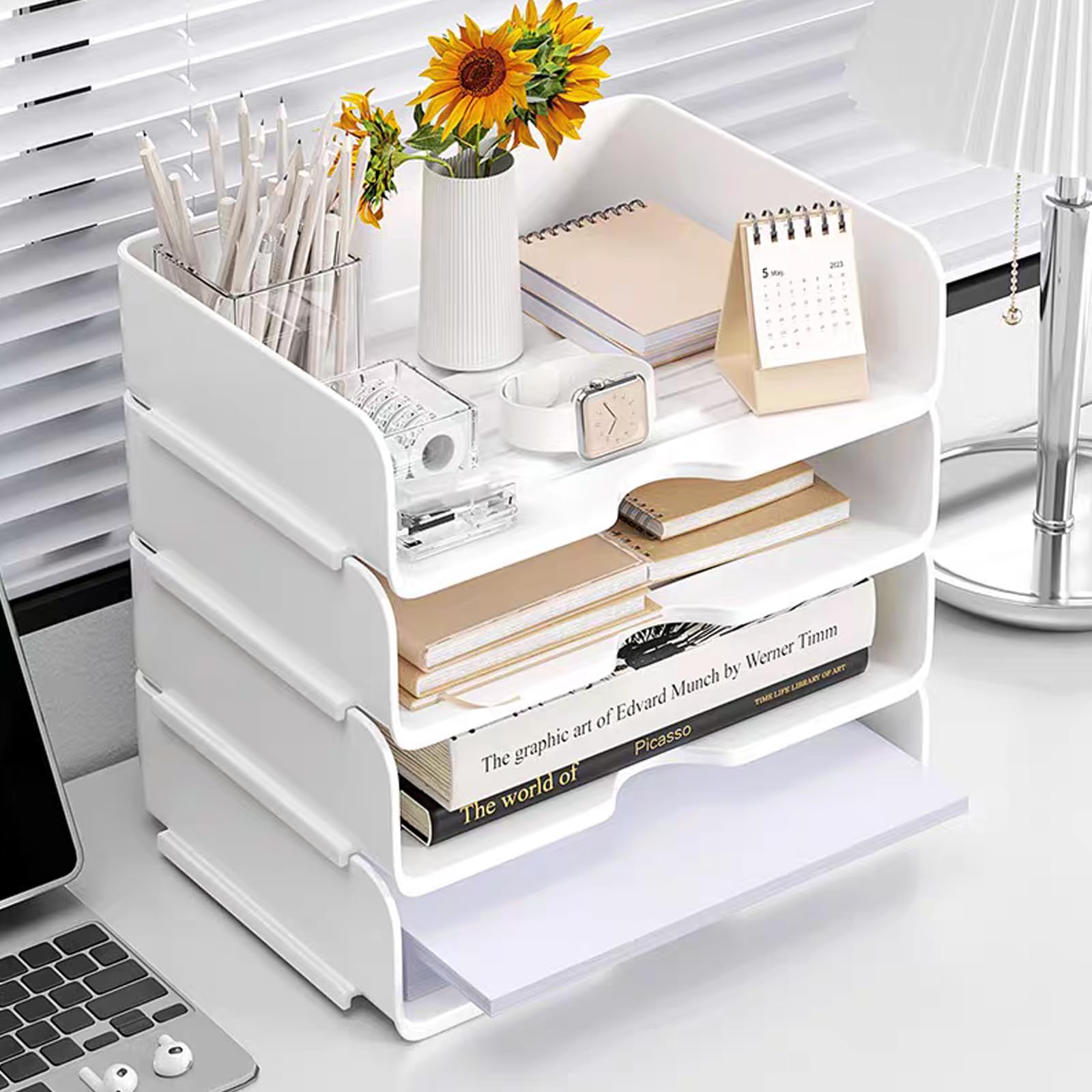 Organizador de escritorio y almacenamiento, organizador de bandeja de papel de 4 niveles, apilable, organizador de escritorio blanco y almacenamiento con 4 carpetas de archivos para documentos, papel,