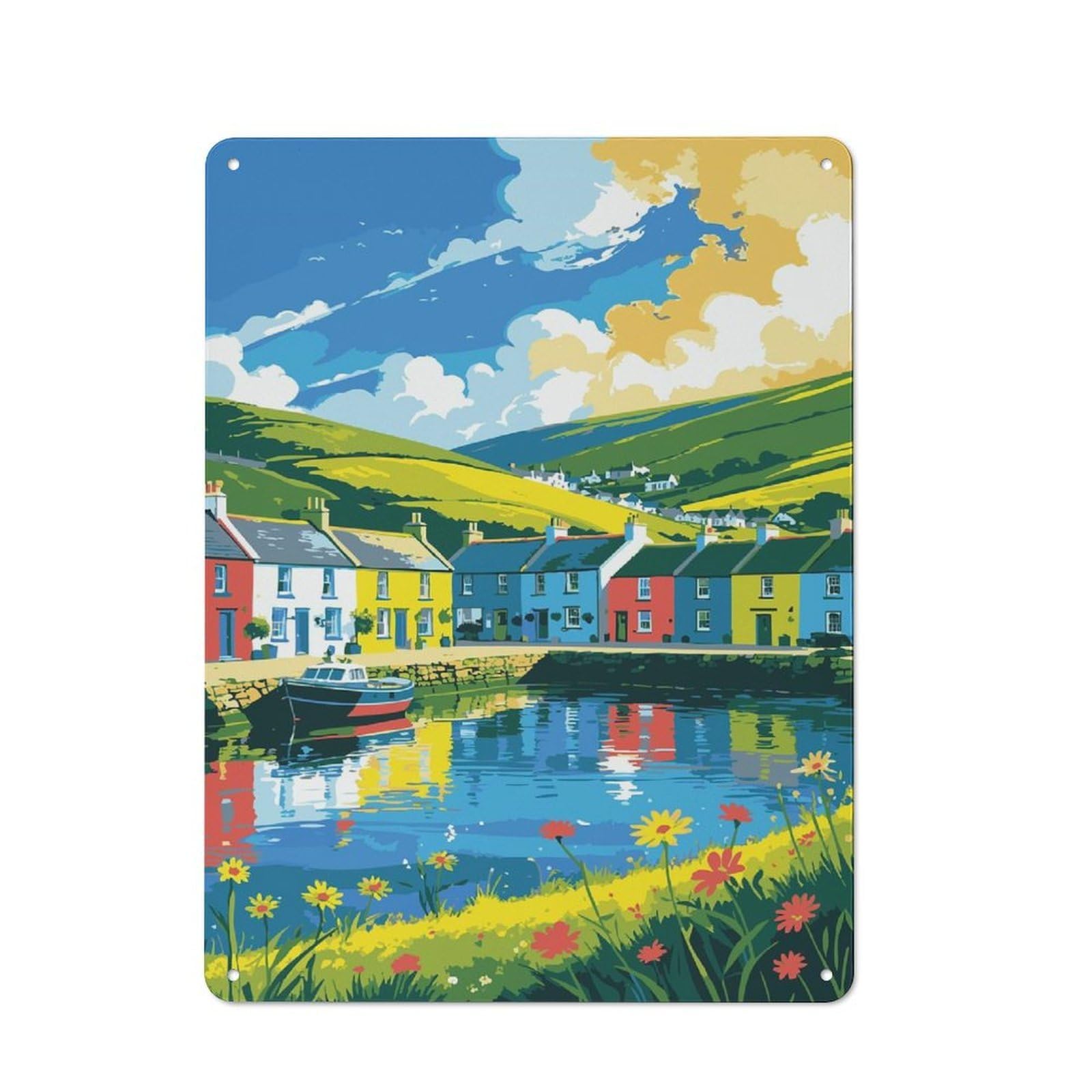 Junmoney Style-9 Colorful Coastal Village Scene Illustration Vintage Metal Wall Sign 40X30cm For Kitchen Or Home Bar, For Garage, Workshop And Man Cave Decoration