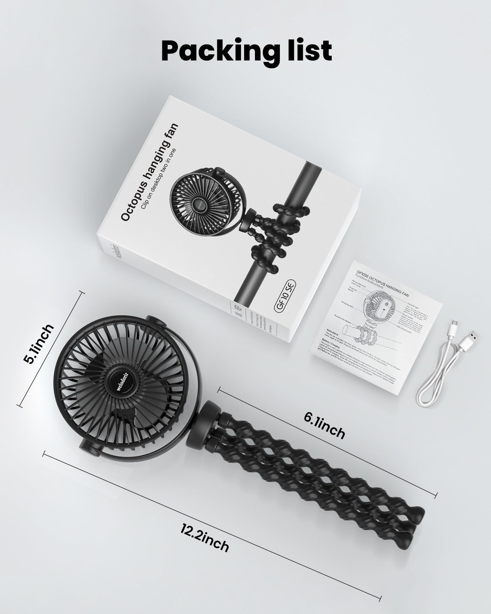 Portable Pram Fan, 5200 mAh Rechargeable Personal Fan, with 360° Rotate Flexible Tripod and TYPE-C Port 3 Speed Small Mini USB Clip-on Fans Can Handheld and Desk for Stroller Car Seat Crib Outdoor — view 7