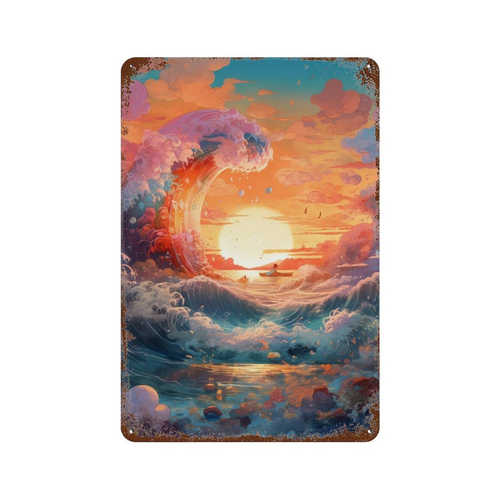Ocean Wave Sunset Boat Rusty Metal Tin Sign 11.8"x7.9", Ideal for Shed, Workshop And Garage Wall Decor
