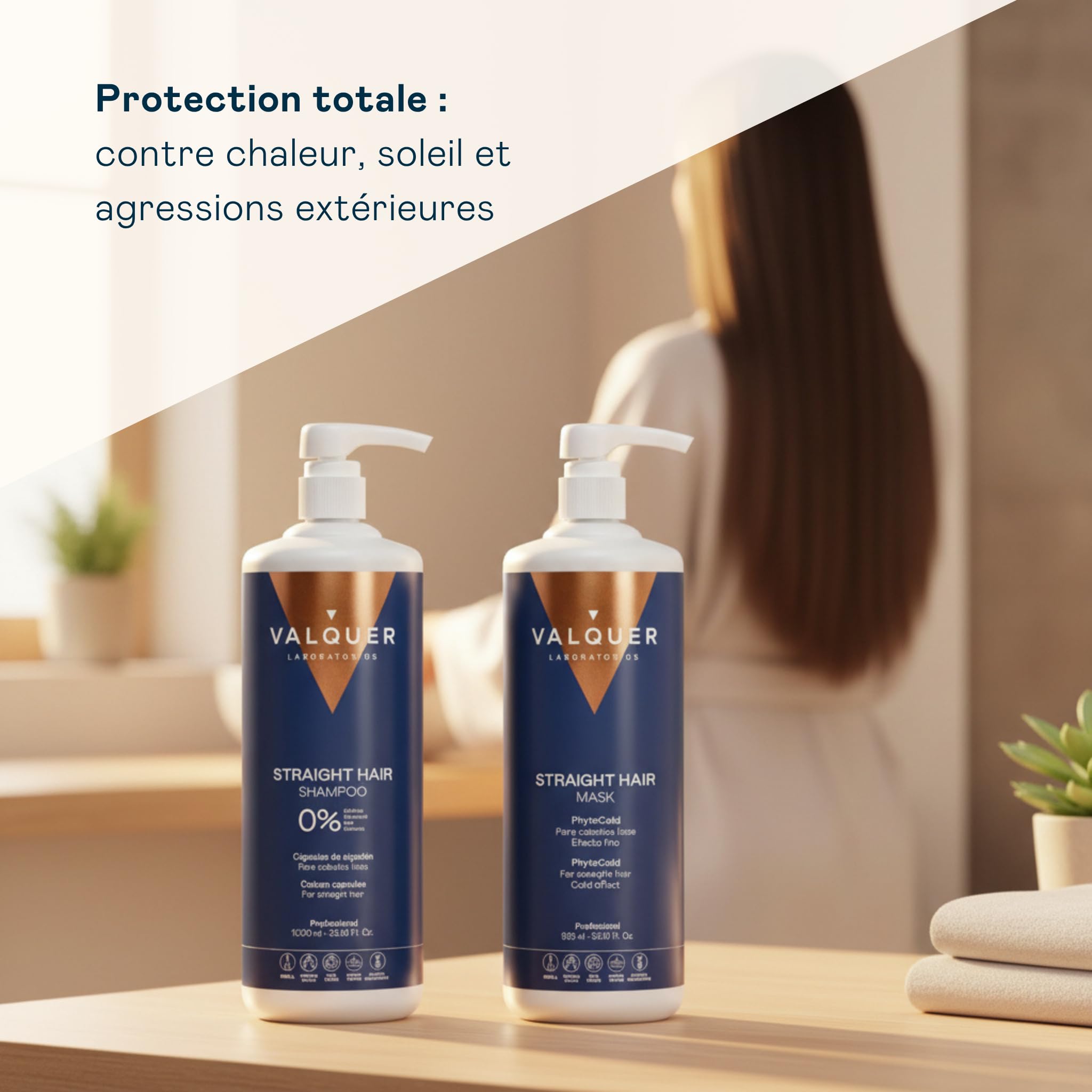 VALQUER Pack Cheveux Lisses Shampoing 0% & Masque Effet Froid 1 L + 975 ml