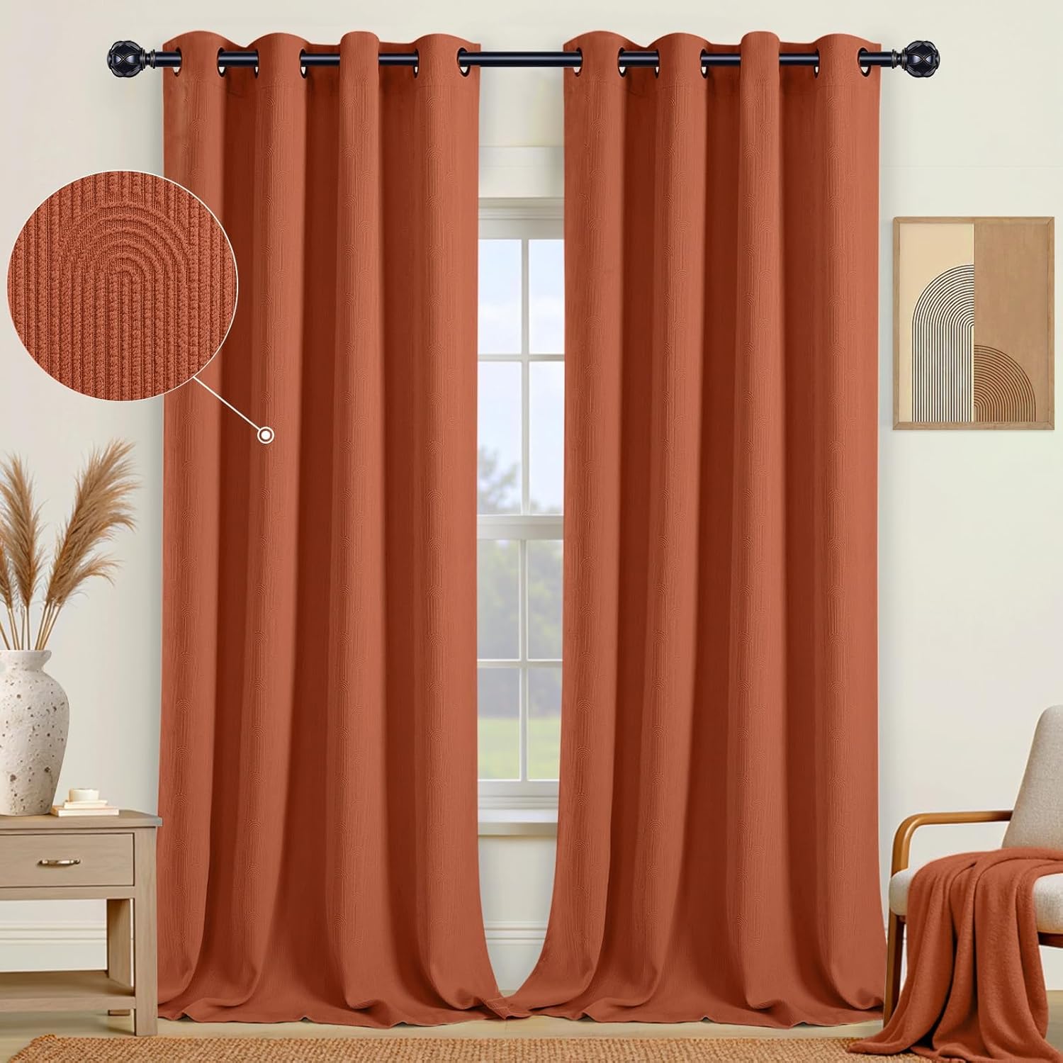 Burnt Orange Boho Blackout Curtains 2 Panels Terracotta Mid Century Modern Patterned Cotton Textured Drapes for Bedroom & Living Room 52W*84L