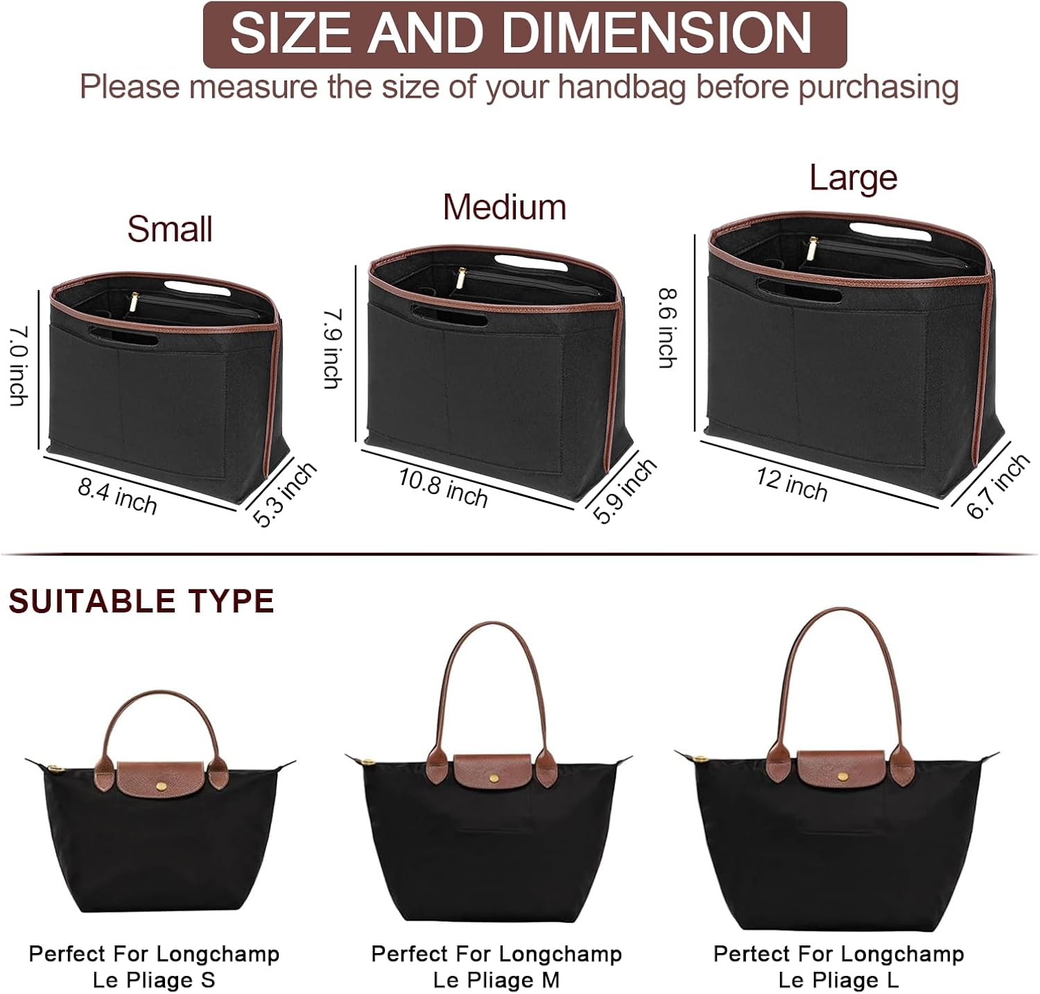 Felt Purse Organizer Insert for Longchamp Le Pliage L Bag Handbag Leather edge Longchamp Organizer Insert (Black, Large) - Image 2