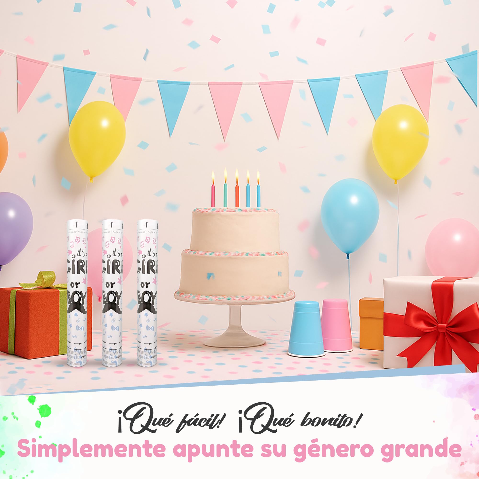 Packung mit 10 Konfettikanonen, Party, Geschlechtsoffenbarung, Rosa oder Blau, 40 cm, Kanone, Party, Offenbarung, , Baby, Mädchen, Jungen, Mädchen, Jungen - Baby Shower Gender Reveal (Rosa)