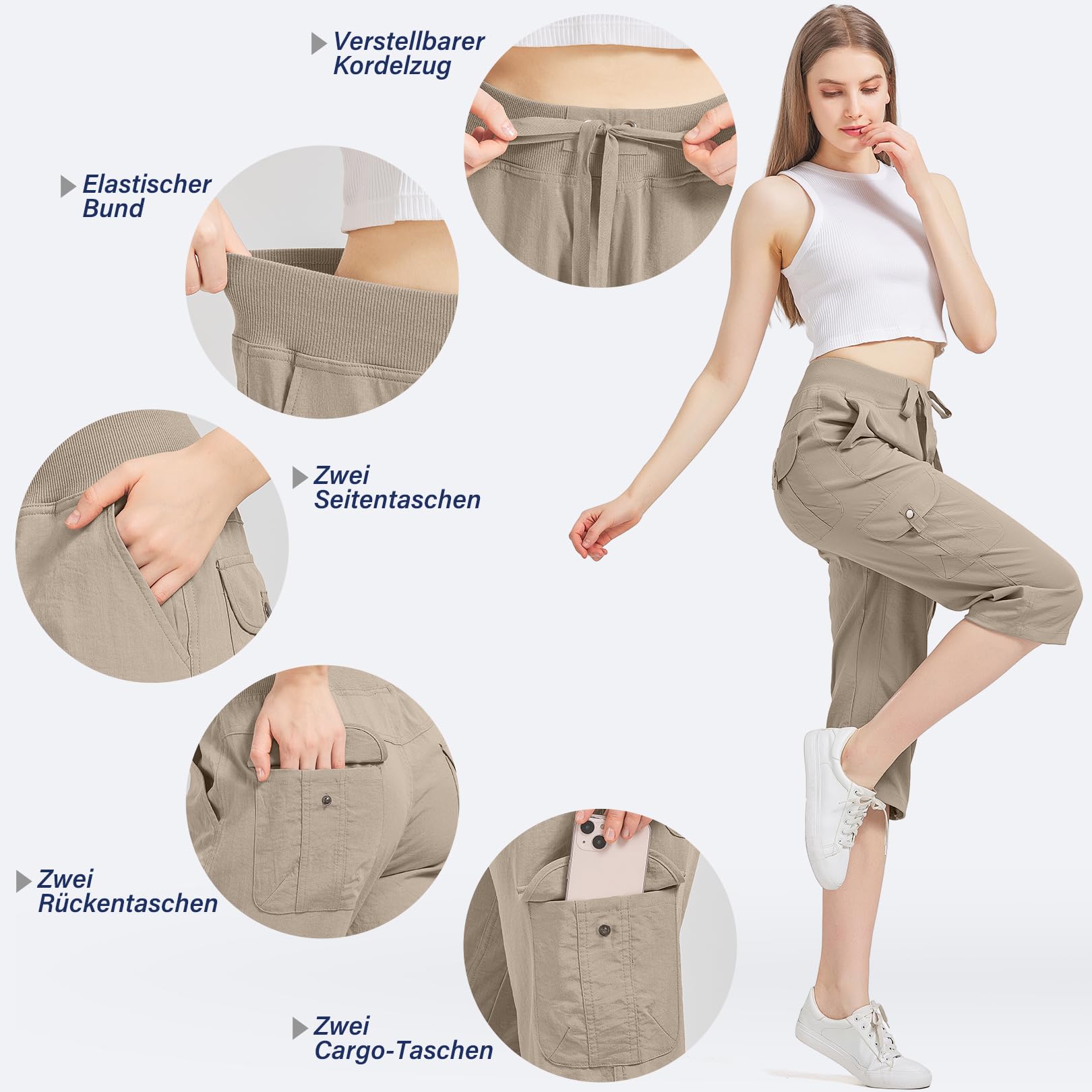 Pantalones para mujer 3/4 de verano para mujer, pantalones capri de verano, pantalones de jogging, pantalones deportivos para viajes y senderismo, con 6 bolsillos