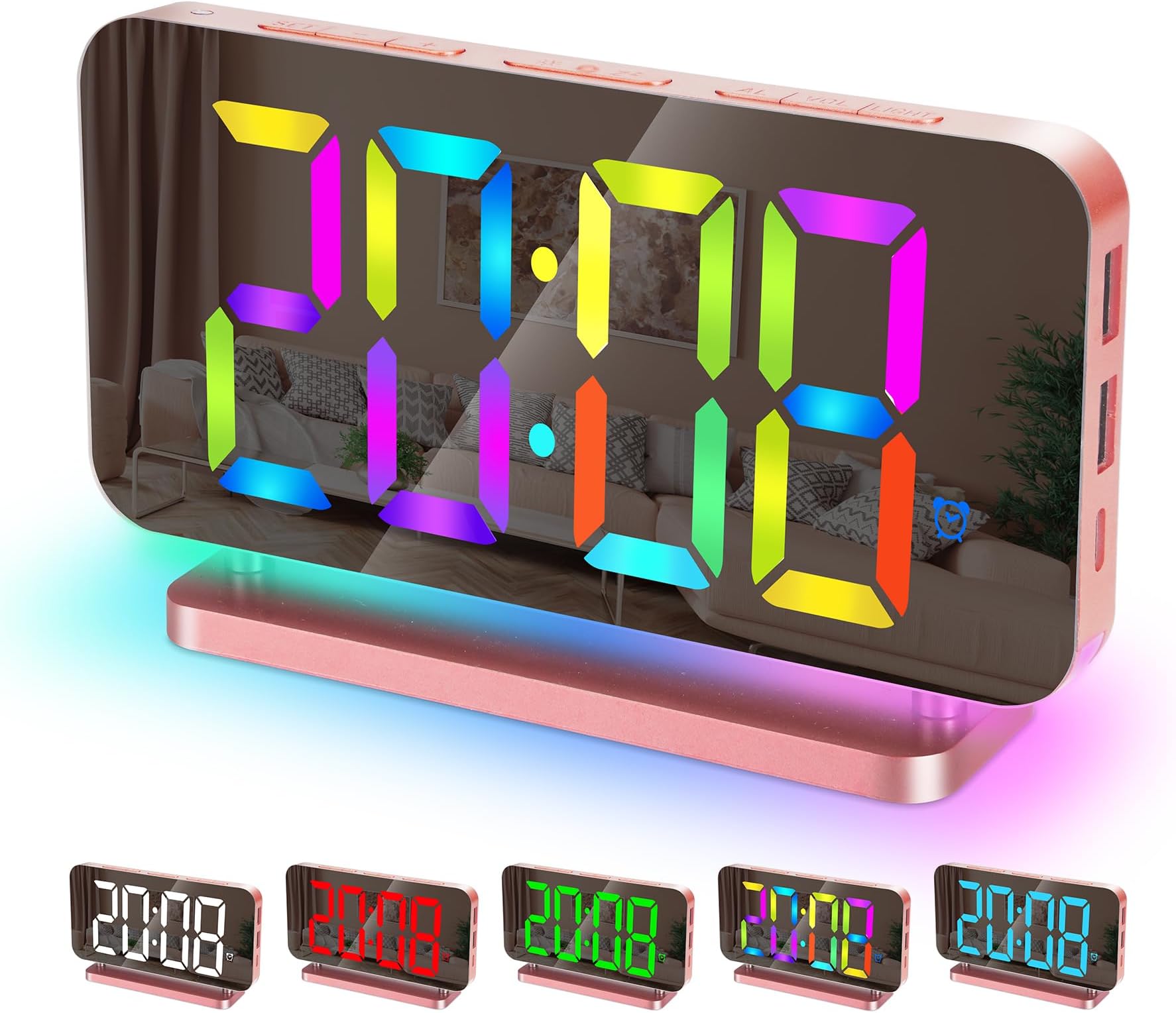 Sueken 7.4" LED Alarm Clock with 11 Colors Time Display, 10 Modes RGB Night Light, USB C Charger, Volume & Brightness Control, Bedside Clock for Bedroom Home Decor - Pink