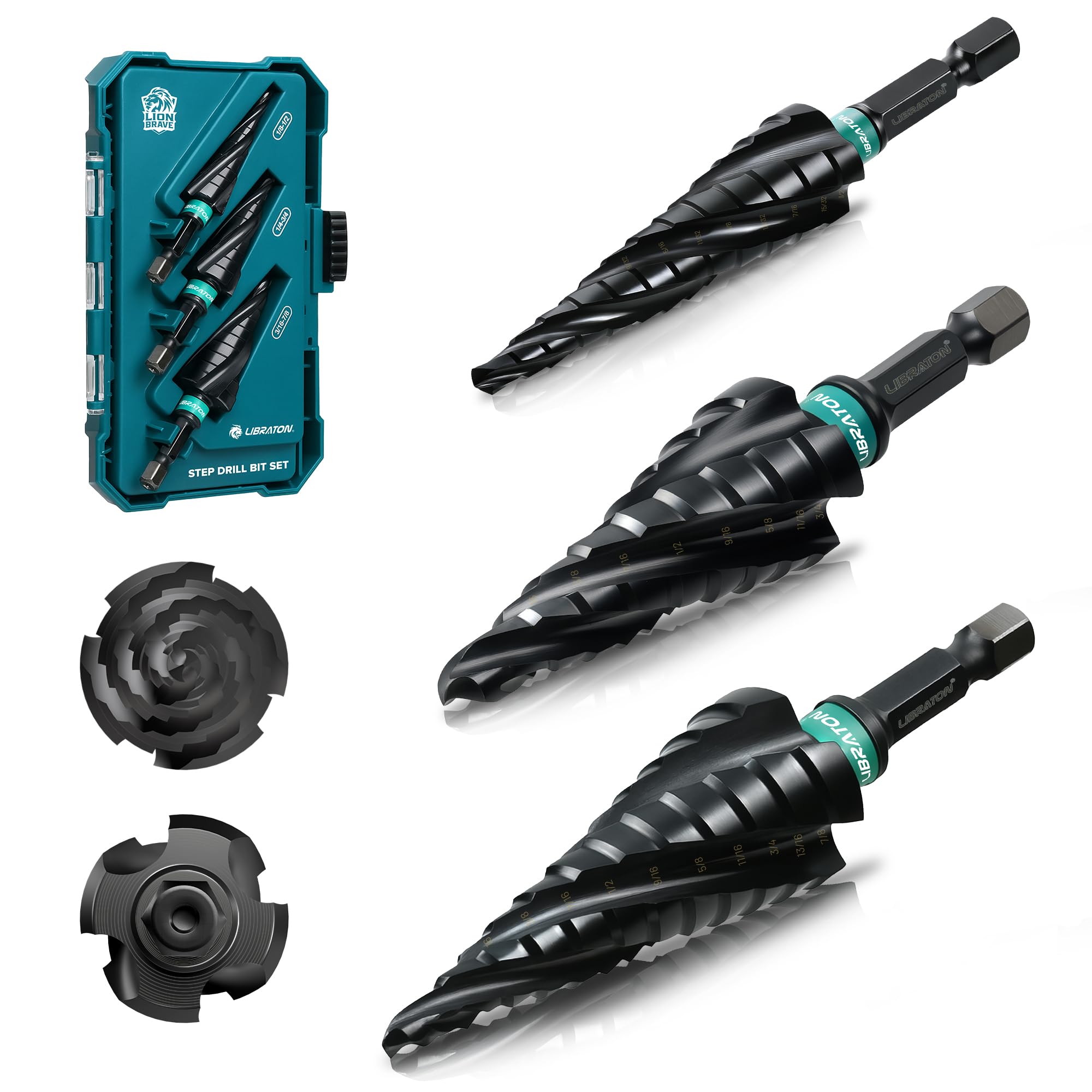 LIBRATON Stufenbohrer mit vier Spiralnuten, M35 Kobalt-Unibit-Stufenbohrer-Set 1/8"-7/8", AlTiN-beschichtete Stufenbohrer, 1/4" Sechskantschaft für Metall, Edelstahl, Aluminium, Kunststoff