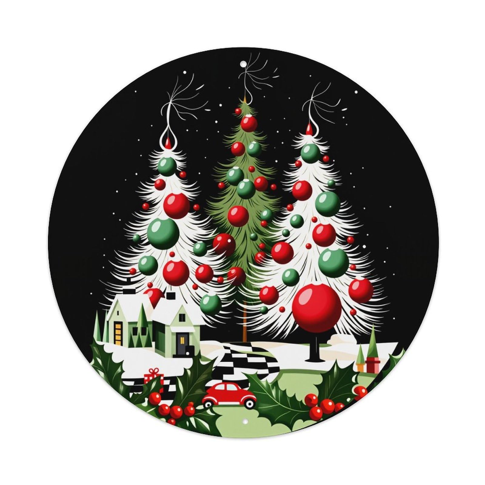 Christmas Tree House Car Holly Round Tin Sign Vintage Metal Poster Retro Bar, Home, Man Cave, Kitchen, Laundry Room Wall Art Decor Gift 8x8Inch