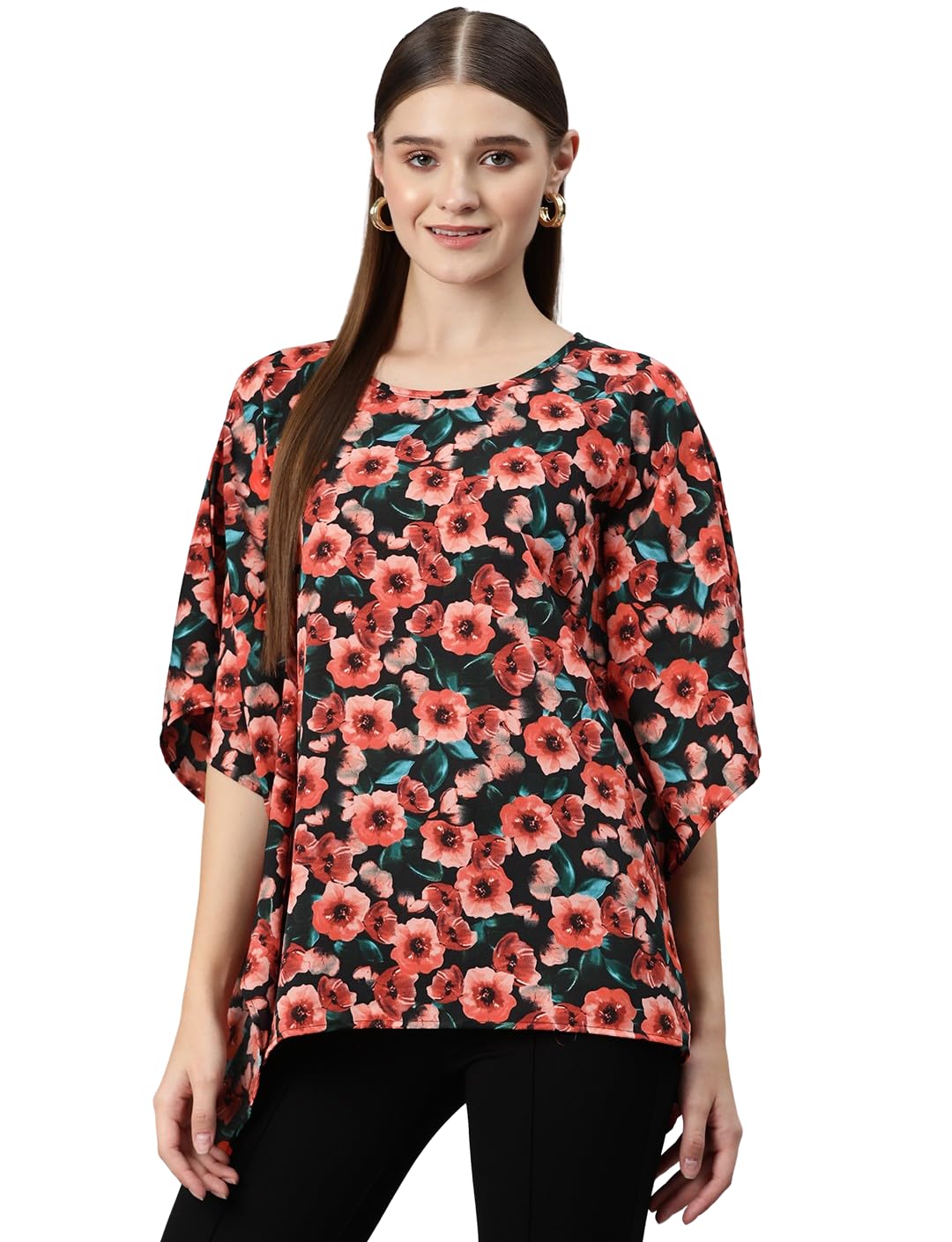 Multi Coloured Floral Print Kimono Sleeves Crepe Kaftan Longline Top-image-19