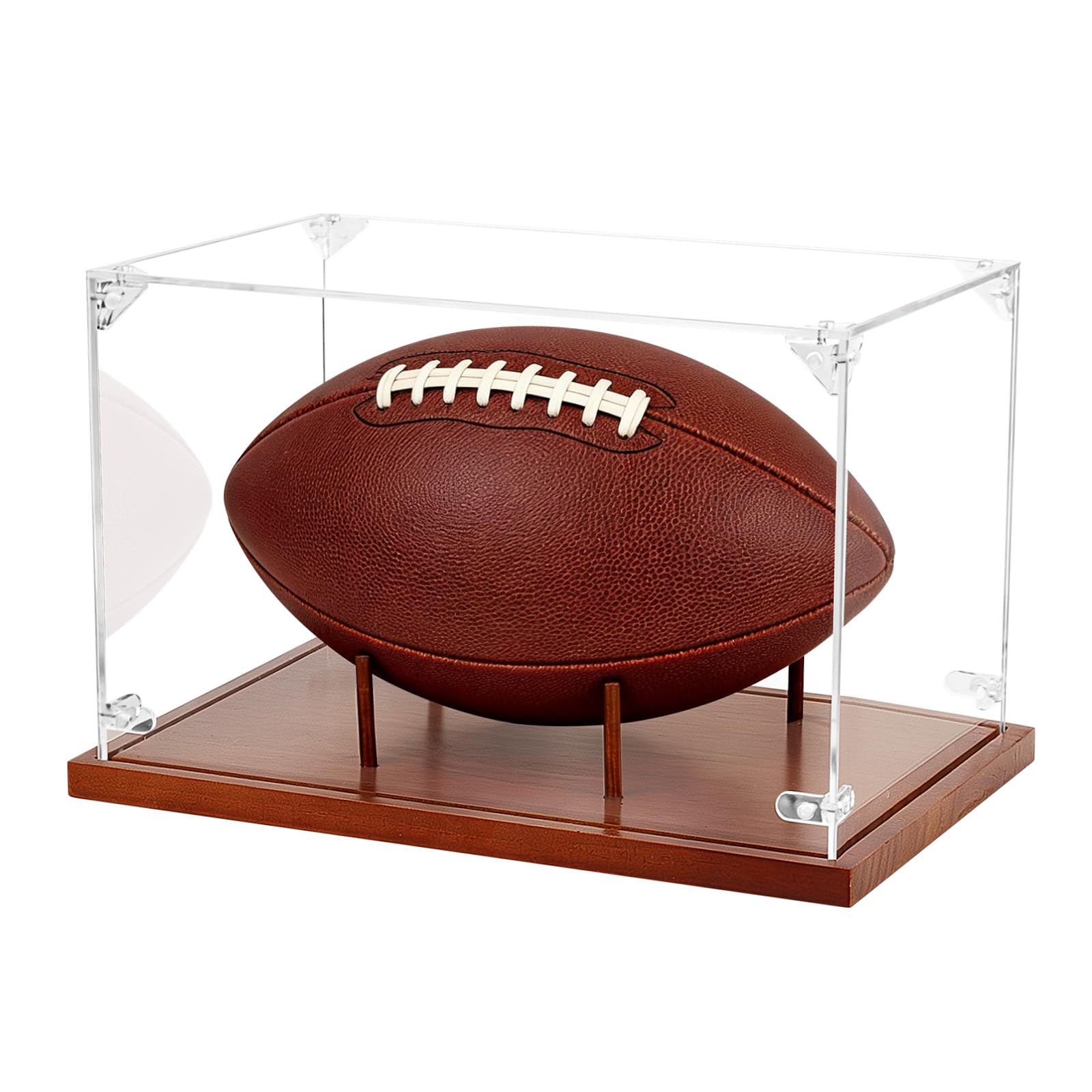 Clear Acrylic Football Display Case with Wood Base &amp; Tee, Memorabilia Stand Cube Holder, Dust Protection Transparent Storage Box for Single Ball Souvenir Football Collections
