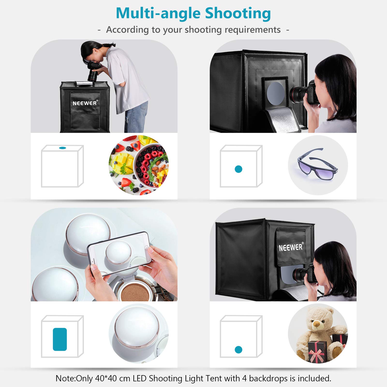 NEEWER Photo Studio Luce Scatola 40X40cm Tenda Luce di Ripresa Luminosità Regolabile Pieghevole Portatile Professionale da Tavolo Kit di Illuminazione per Fotografia 120 Luci LED 4 Colori Fondali