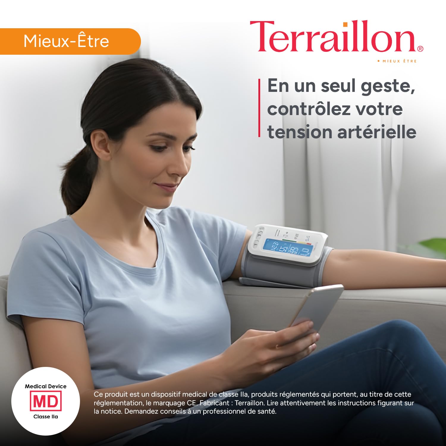 TERRAILLON – TENSIO SMART, Tensiomètre Bras Connecté, Bluetooth, Tension Artérielle, Rythme Cardiaque, Indicateurs couleur, 2 profils, 60 Mémoires, Dim. brassard 22-32cm, Blanc