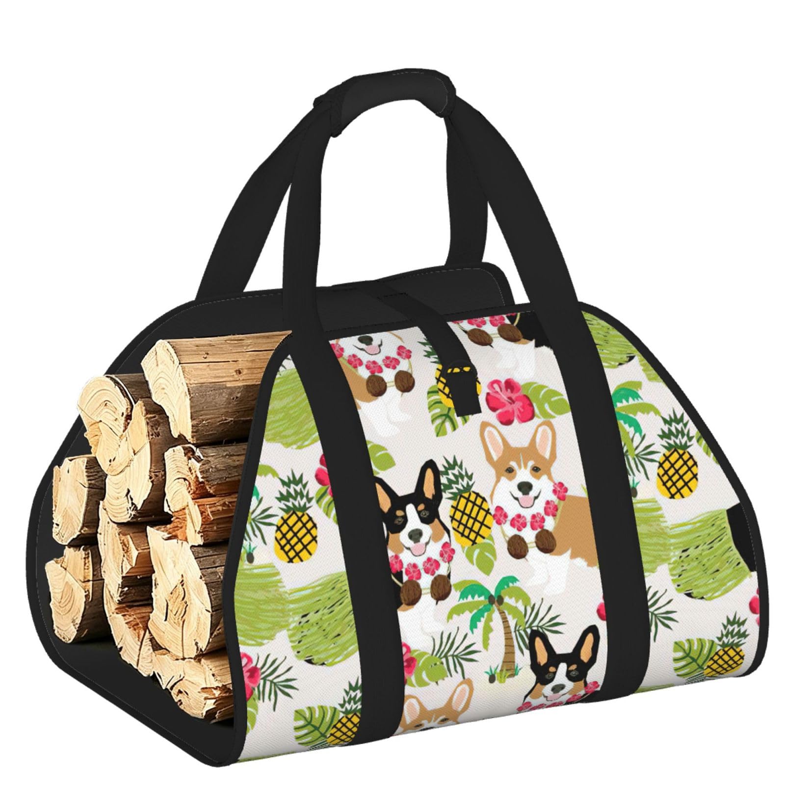 Pphgut Black Corgi Hawaiian Tropical Summer Pineapple Print Firewood Bag Wood Carrier Transport Sack Camping Picnic Storage Daily Home