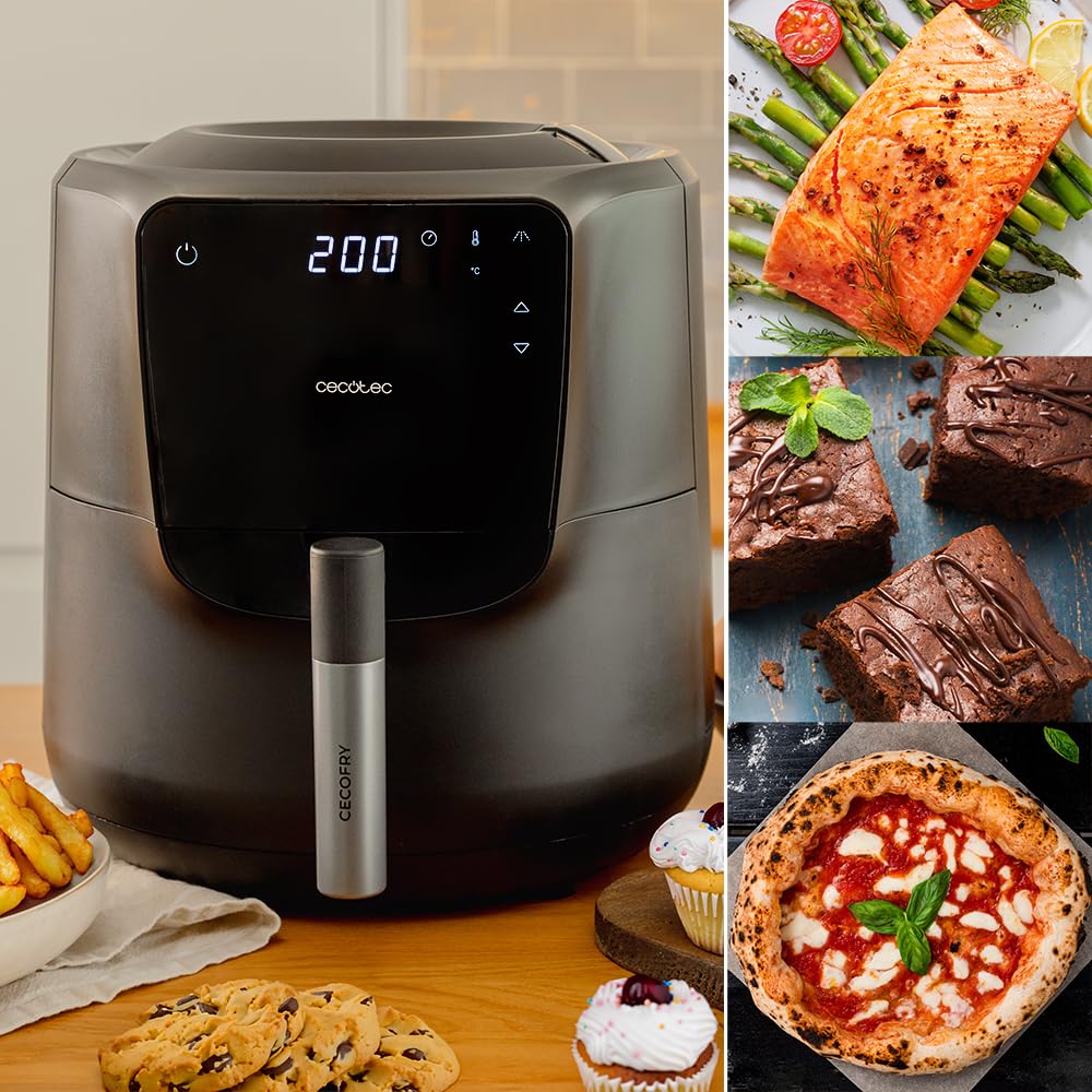 Cecotec Freidora de Aire de 5,5L con Spray y Accesorios Cecofry Rain Pack | 1550W, Air Fryer, Pulverización Automática y Manual, 8 Menús, Display Táctil, Temporizador, Incluye Accesorios de Silicona
