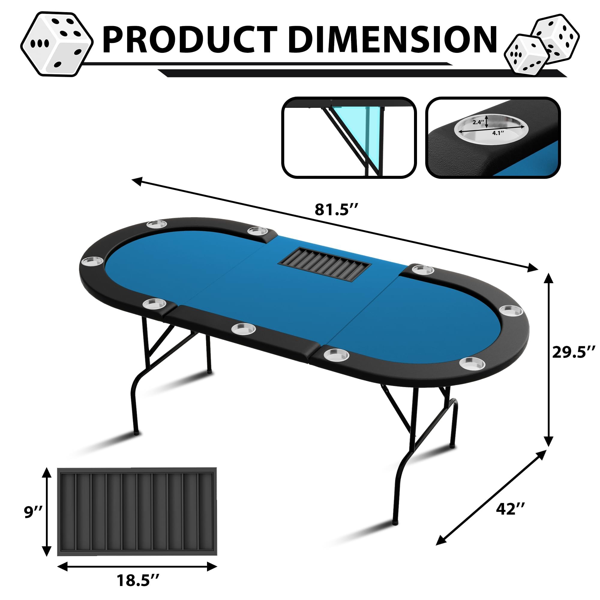Garvee Klappbarer Pokertisch für 8-10 Personen, Ovaler Casino Spieltisch mit Blauem Filz, 207x106x75cm