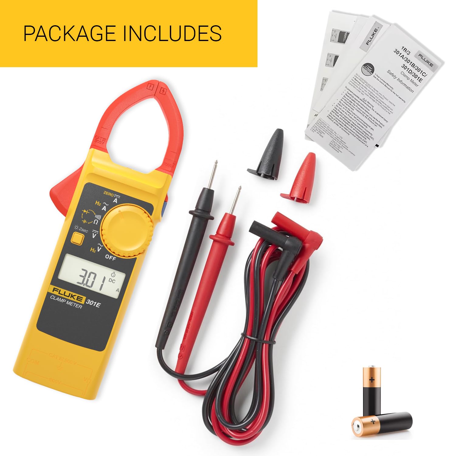 Fluke 301E Digital Clamp Meter AC DC Voltage Current 600A Multi-Meter Capacitance Resistance Diodes Continuity Frequency Tester Clip On Meters with 2 AAA Batteries & TL75 Test Leads (Pack of 1)