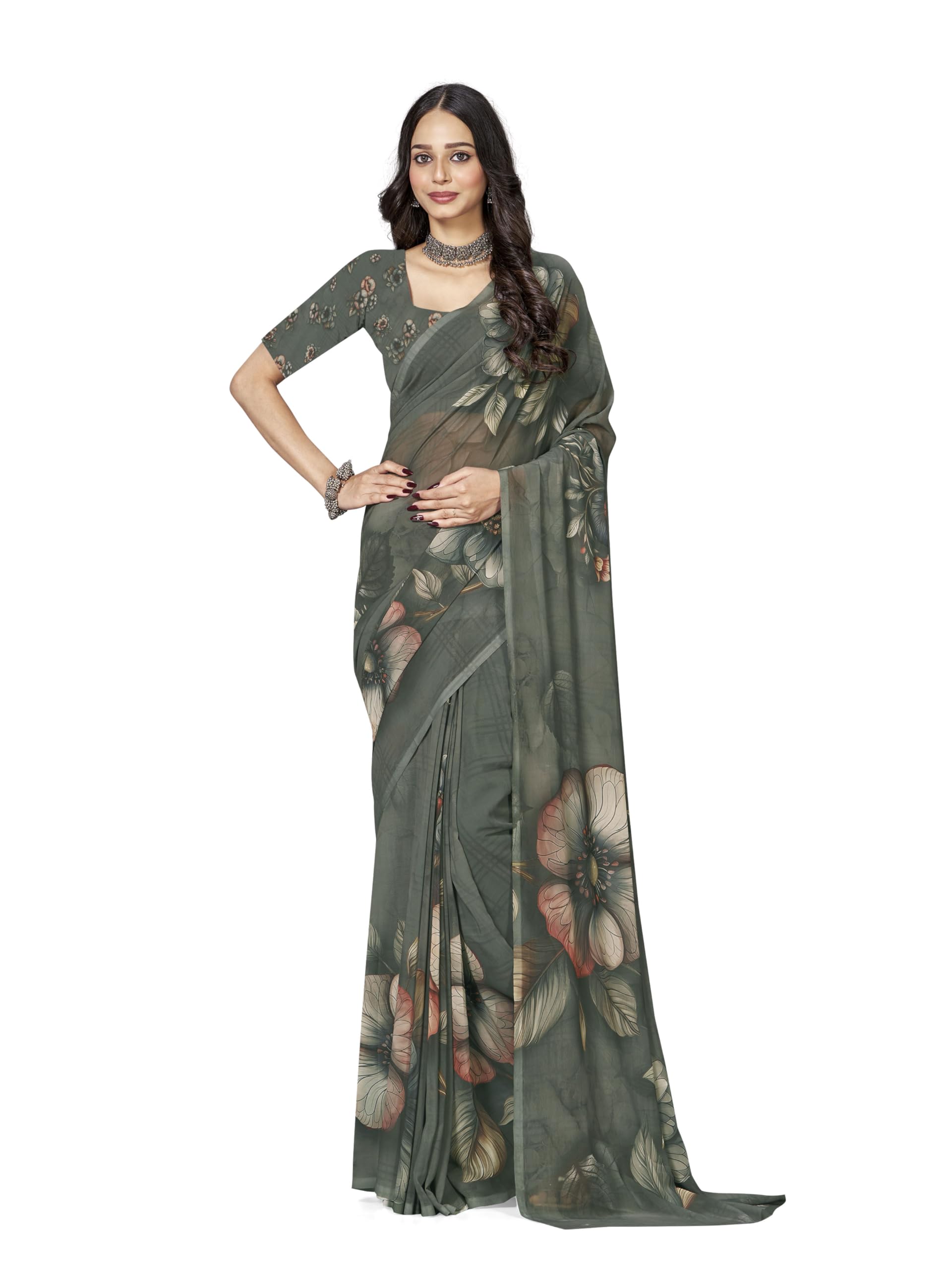 Women's Floral Printed Polyester Saree with Unstitched Blouse Piece | Lightweight Festive Saree for Wedding, Party & Traditional Occasion Wear-image-49