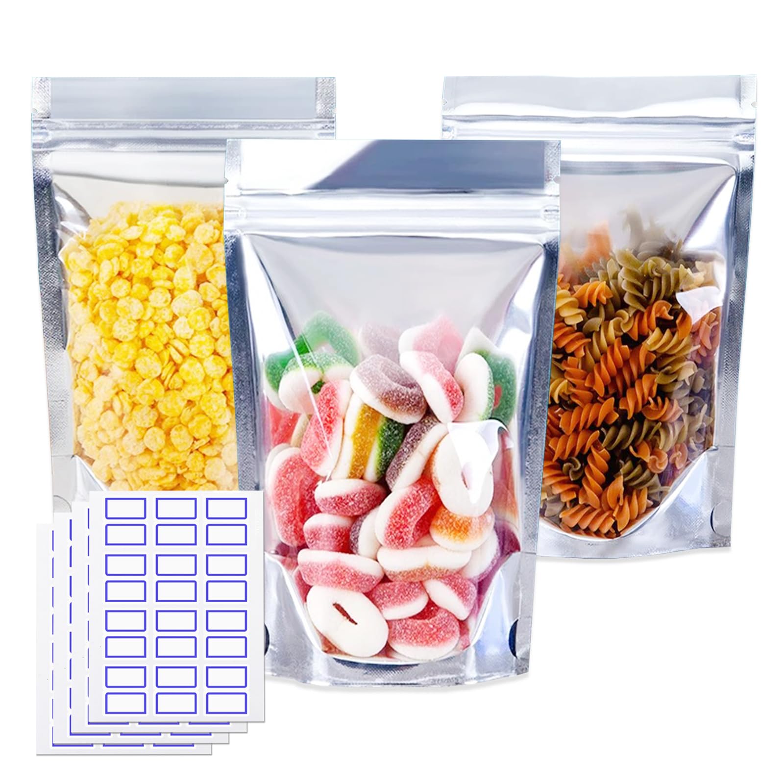 100 bolsas de Mylar resellables de 5 x 8 pulgadas para almacenamiento de alimentos, bolsas frontales transparentes de pie con etiquetas, bolsas de recuerdo de fiesta para embalaje de pequeñas empresas