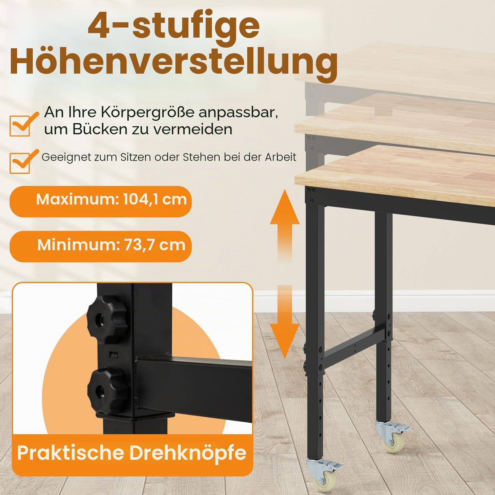 FANTASK Werkbank mit Rollen, Arbeitstisch höhenverstellbar von 74 – 104 cm, Garagentisch bis 1100 kg mit 2 Lochplatten & Metallrahmen, Gummi Holz Werkzeugtisch für Garage Büro