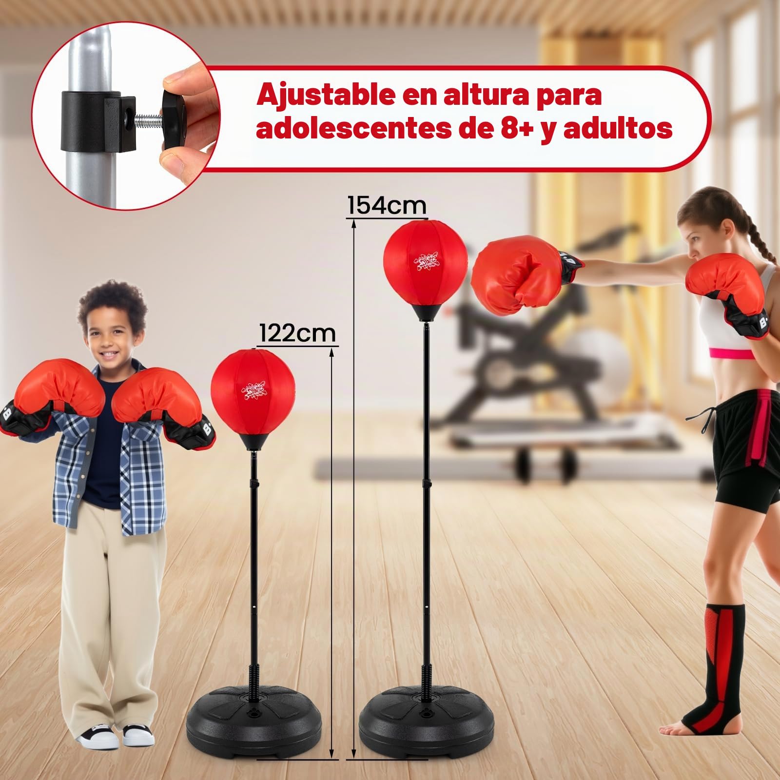 GYMAX Juego de Boxeo de 120 a 154 cm de Altura Ajustable, con Guantes de Boxeo y Bomba, Soporte de Boxeo Independiente para Niños y Adultos, para Kickboxing, Entrenamiento de Velocidad
