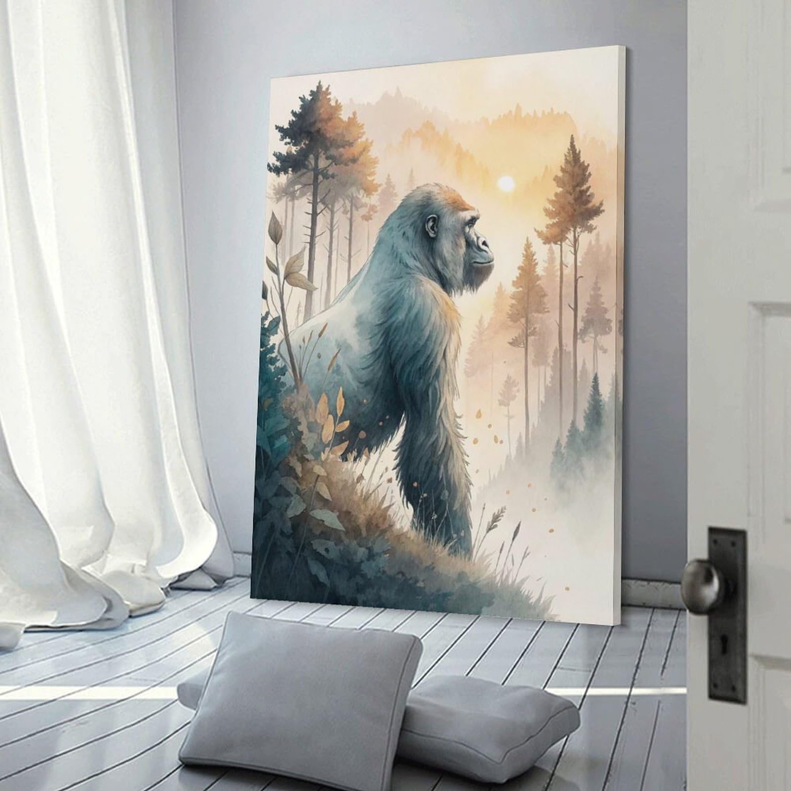 Junmoney Frame-Style-12 Gorilla In A Misty Forest At Sunrise Canvas Wall Picture, 24X36inch(60X90cm), For Wall Displays, Bedrooms Or Room Updates, Wall Decor Suited To Curated Displays