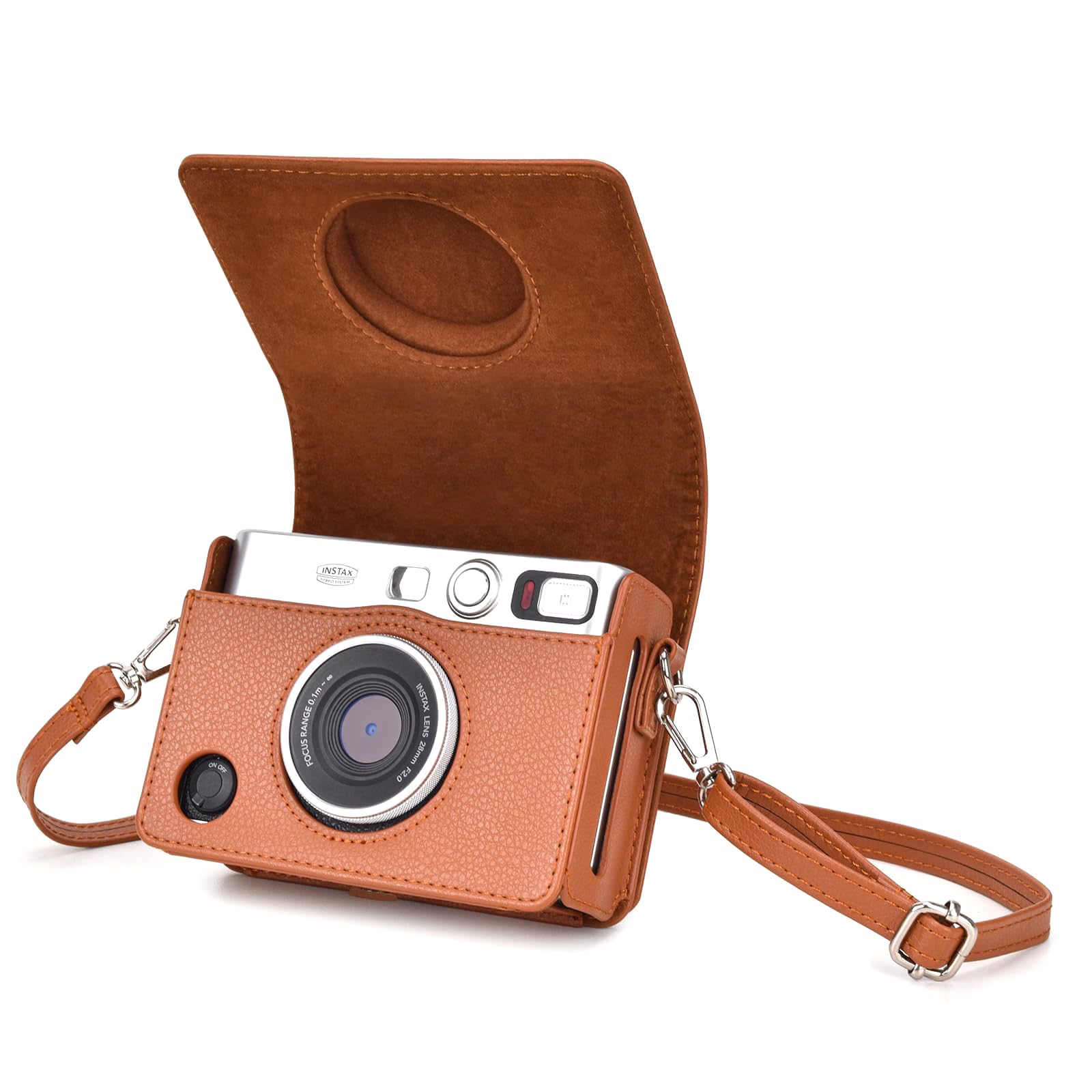 Rieibi Custodia per fotocamera Mini Evo, custodia di protezione in pelle PU vintage per fotocamera istantanea Fujifilm Fuji Instax Mini Evo con tracolla rimovibile, marrone strutturato 1, orizzontale