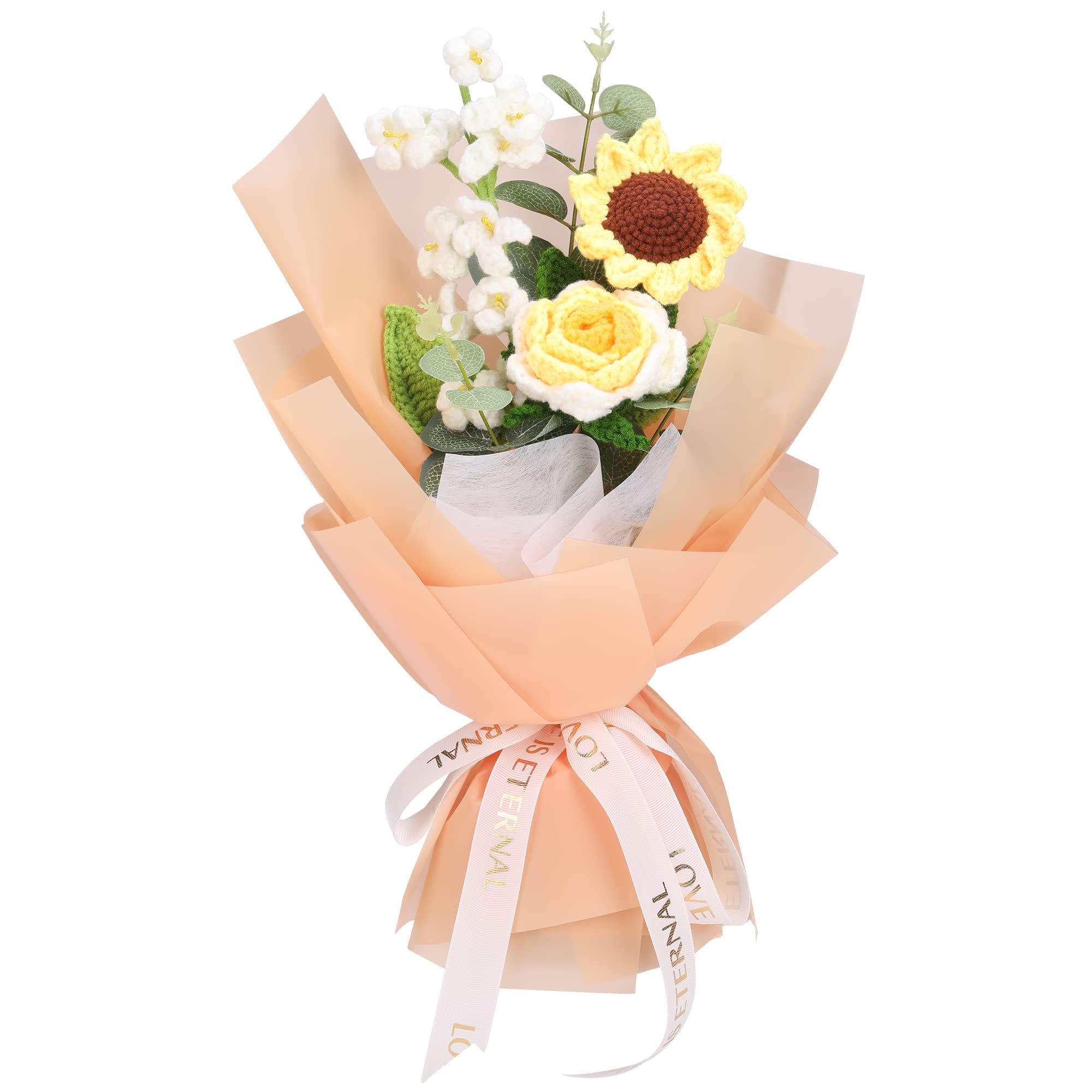 YIDADA Rose Sunflower Crochet Flower Bouquet - Handmade Knitted Bouquet, Artificial Rose Sunflower Daisy Bouquet Decor, Delicate and Cute Crochet Flowers for Party, Table Centerpieces