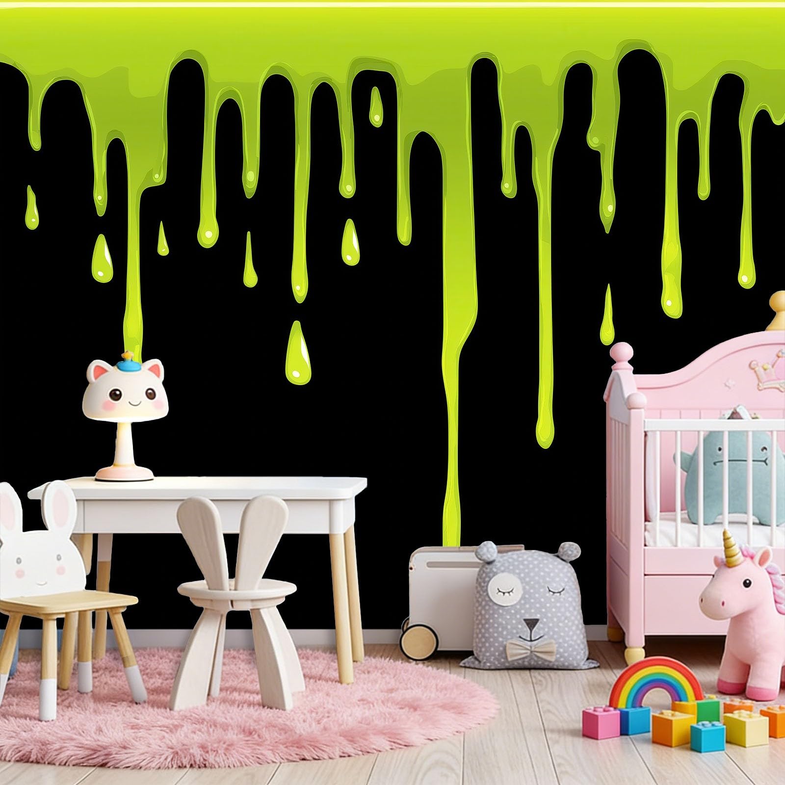 Tapeta fototapeta kreskówka Halloween farba linie zielony czarny motyw fototapeta włóknina mural ścienny plakat do salonu sypialni korytarza TV tło dekoracja ścienna murale, 250 x 175 cm