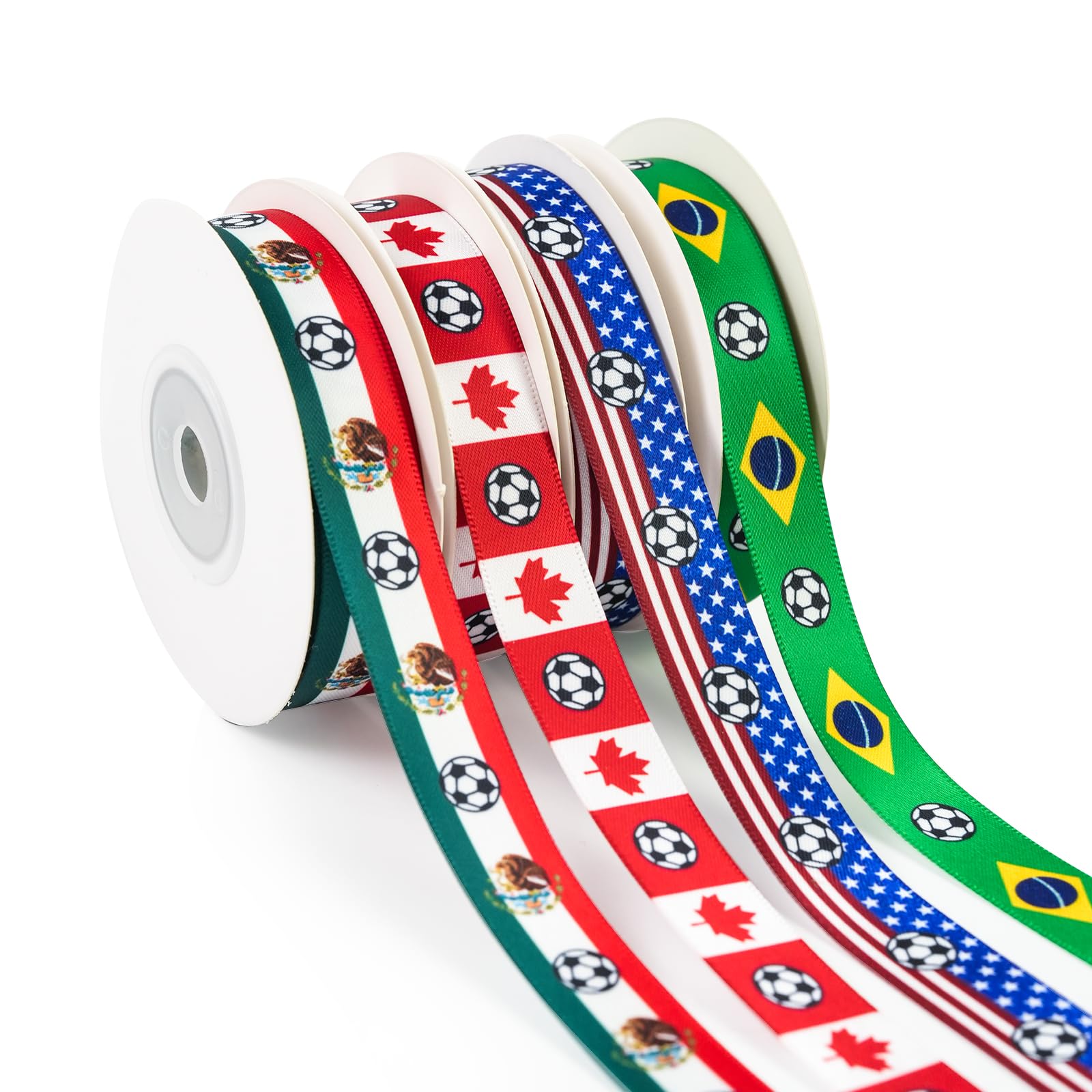 Photo 1 of 4 Rolls Soccer Ribbon 5/8 Inch 40 Yards Total, USA Canada Mexico Brazil Soccer Print Ribbon Sports Football Ribbons for Crafts Gift Wrapping Hair Cheer Accessories