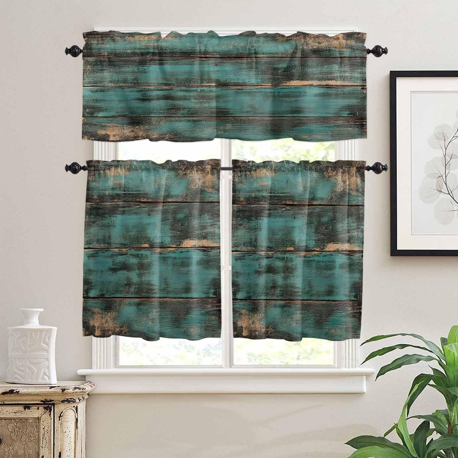 Teal Brown Wood Print Kitchen Curtains 36 Inch Length, 3 Piece Rod Pocket Small Half Tiers and Valance Set, Farmhouse Vintage Plank Small Large Window Treatment Decor for Bedroom/Bathroom Sink