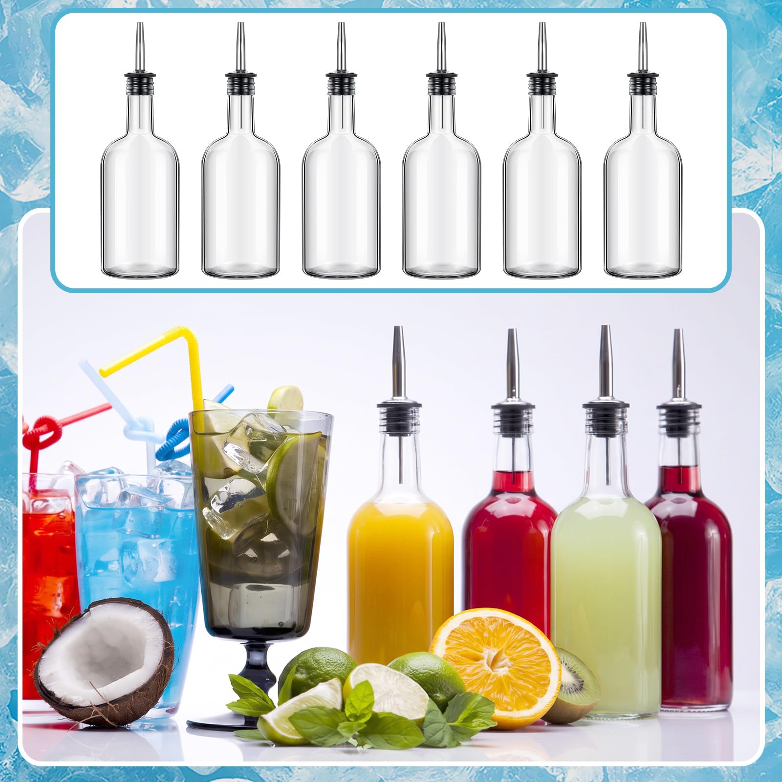 Baderke Glas-Sirupflasche für Kaffee, Bar, Likörflasche, langer Hals, Ausgießer und Kappen, für Likör, Wein, Saft, Schneekegel, Sirup, 12 Stück