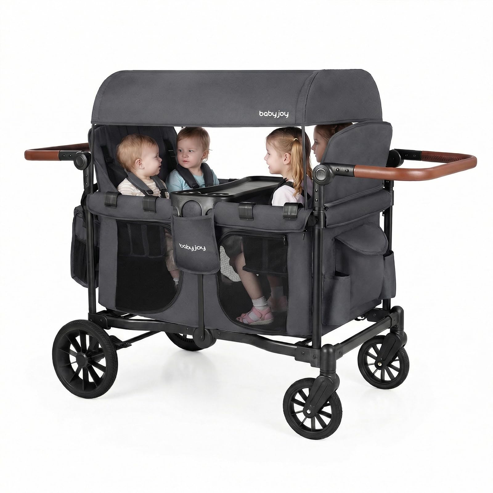 Photo 1 of ***STOCK PHOTO REFERENCE ONLY***elemaraWagon Stroller for 4 Kids, Foldable Stroller Wagon with Removable Canopy, Adjustable Handle, Snack Tray, Parent Organizer, 5-Point Safety Harness, Convertible Diaper Bag/Changing Pad (Gray)